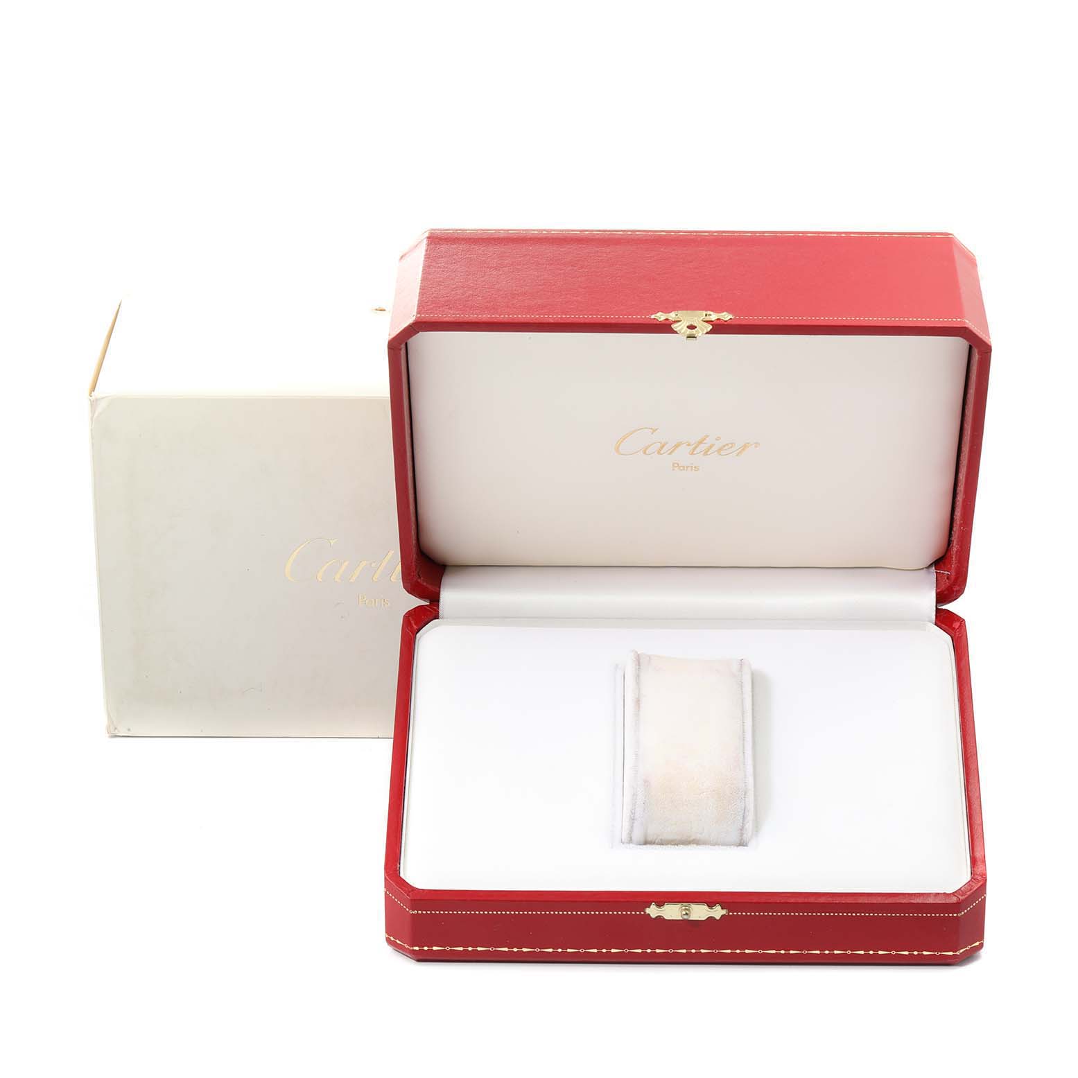 The image shows an open red Cartier box and its white outer box, intended for the Cartier Tank Francaise W50002N2 Women's Yellow Gold Silver Dial W50002N2 Women's Yellow Gold Silver Dial model watch.