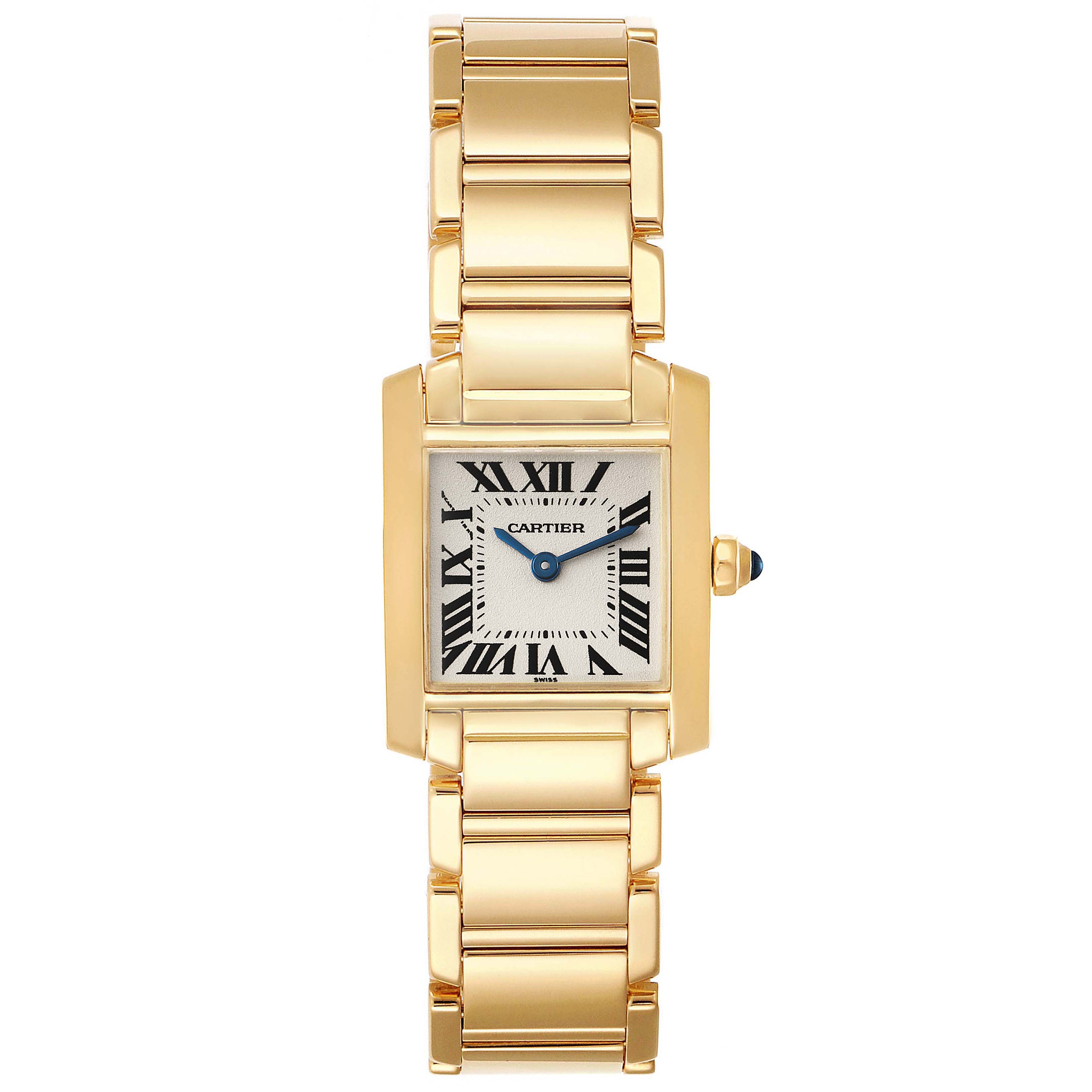 The image shows a front view of the Cartier Tank Francaise W50002N2 Women's Yellow Gold Silver Dial W50002N2 Women's Yellow Gold Silver Dial watch, highlighting its gold case and bracelet.