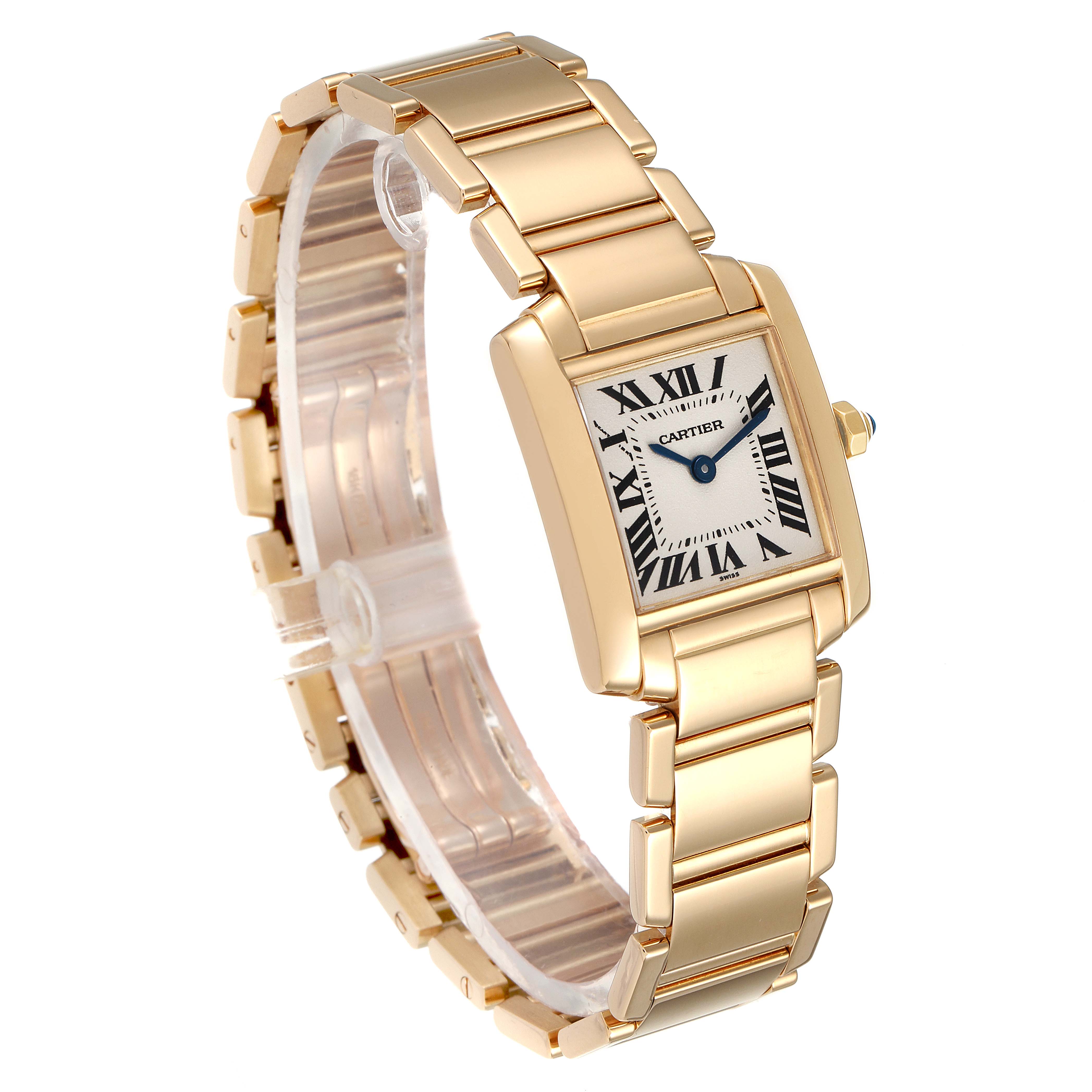 This image shows a gold Cartier Tank Francaise W50002N2 Women's Yellow Gold Silver Dial W50002N2 Women's Yellow Gold Silver Dial model watch from a three-quarter angle showcasing its bracelet and rectangular case.