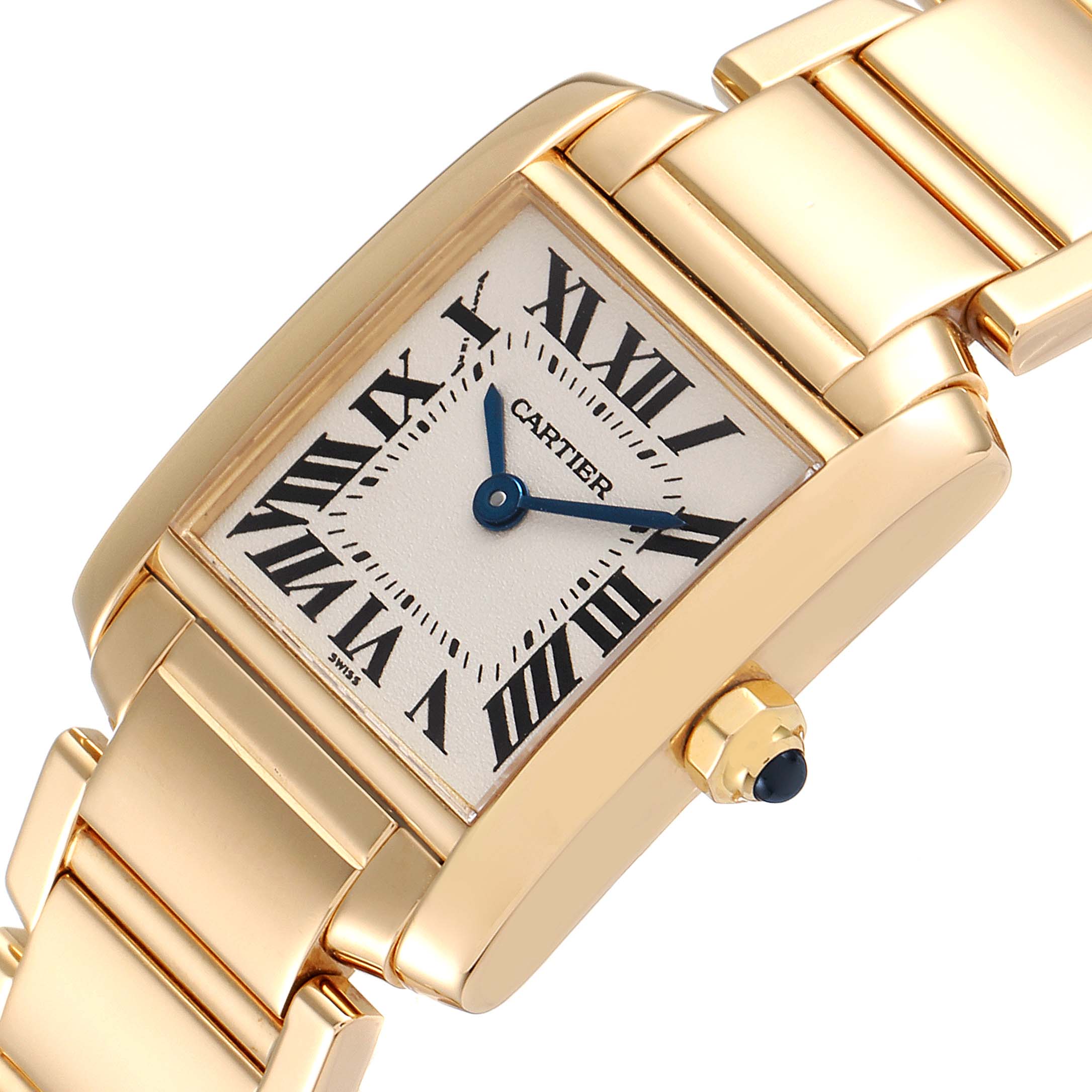 This image shows a close-up angled view of a Cartier Tank Francaise W50002N2 Women's Yellow Gold Silver Dial W50002N2 Women's Yellow Gold Silver Dial watch, highlighting its gold case and bracelet.