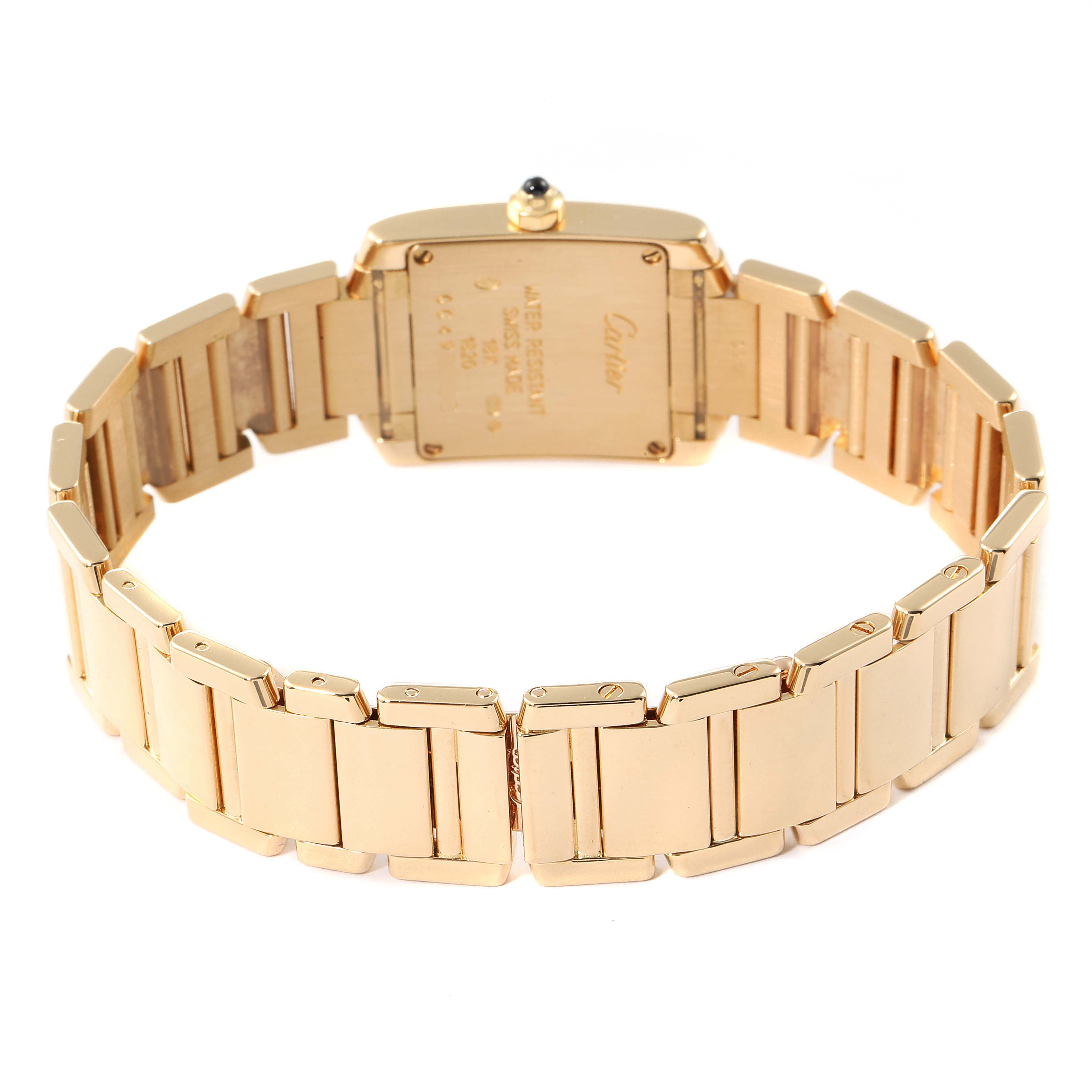 This image shows the back view of a Cartier Tank Française watch, highlighting the clasp and bracelet.