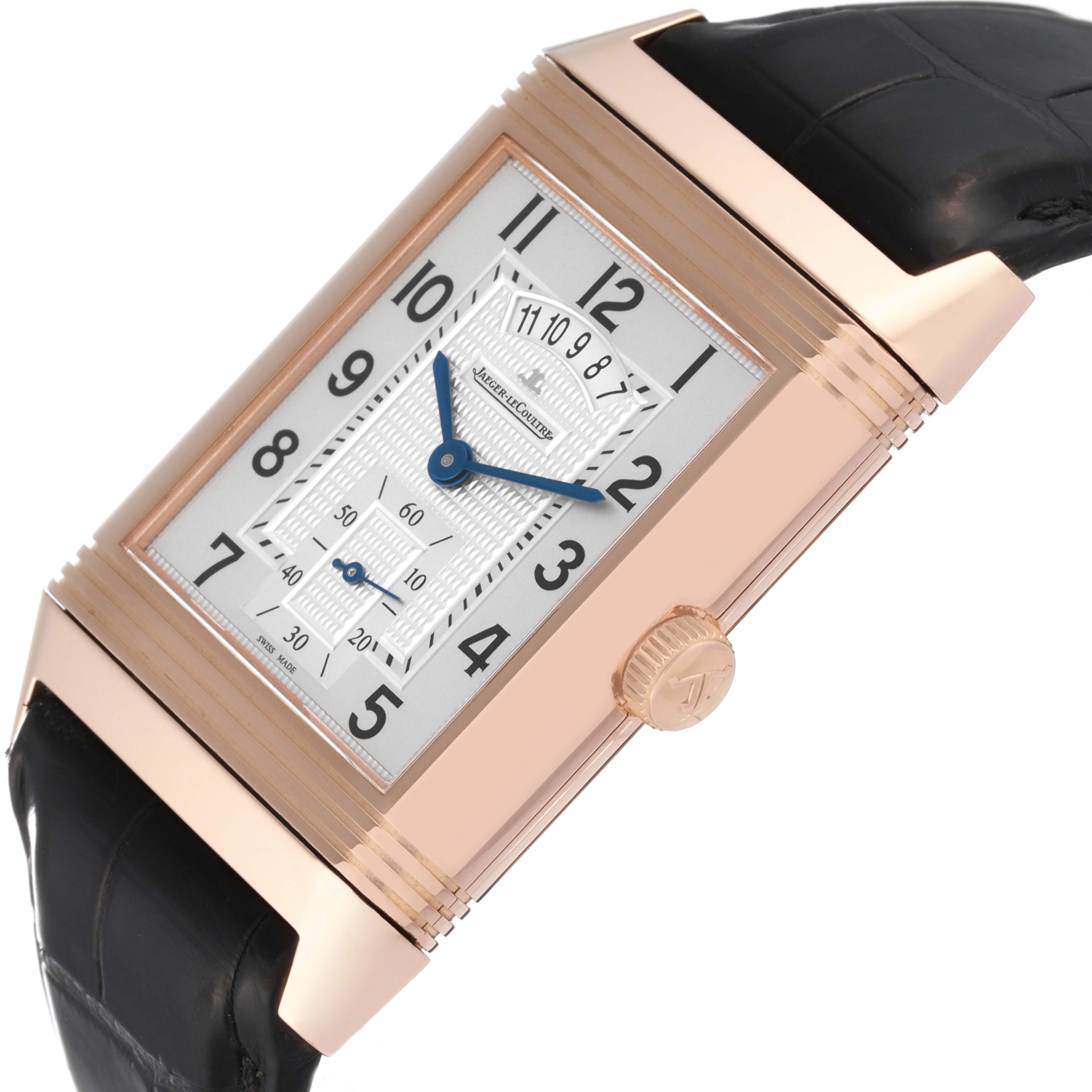 This image of the Jaeger LeCoultre Reverso Q3742521 Men's Rose Gold Silver Dial Q3742521 Men's Rose Gold Silver Dial watch shows the face, crown, and part of the leather strap at an angled view.