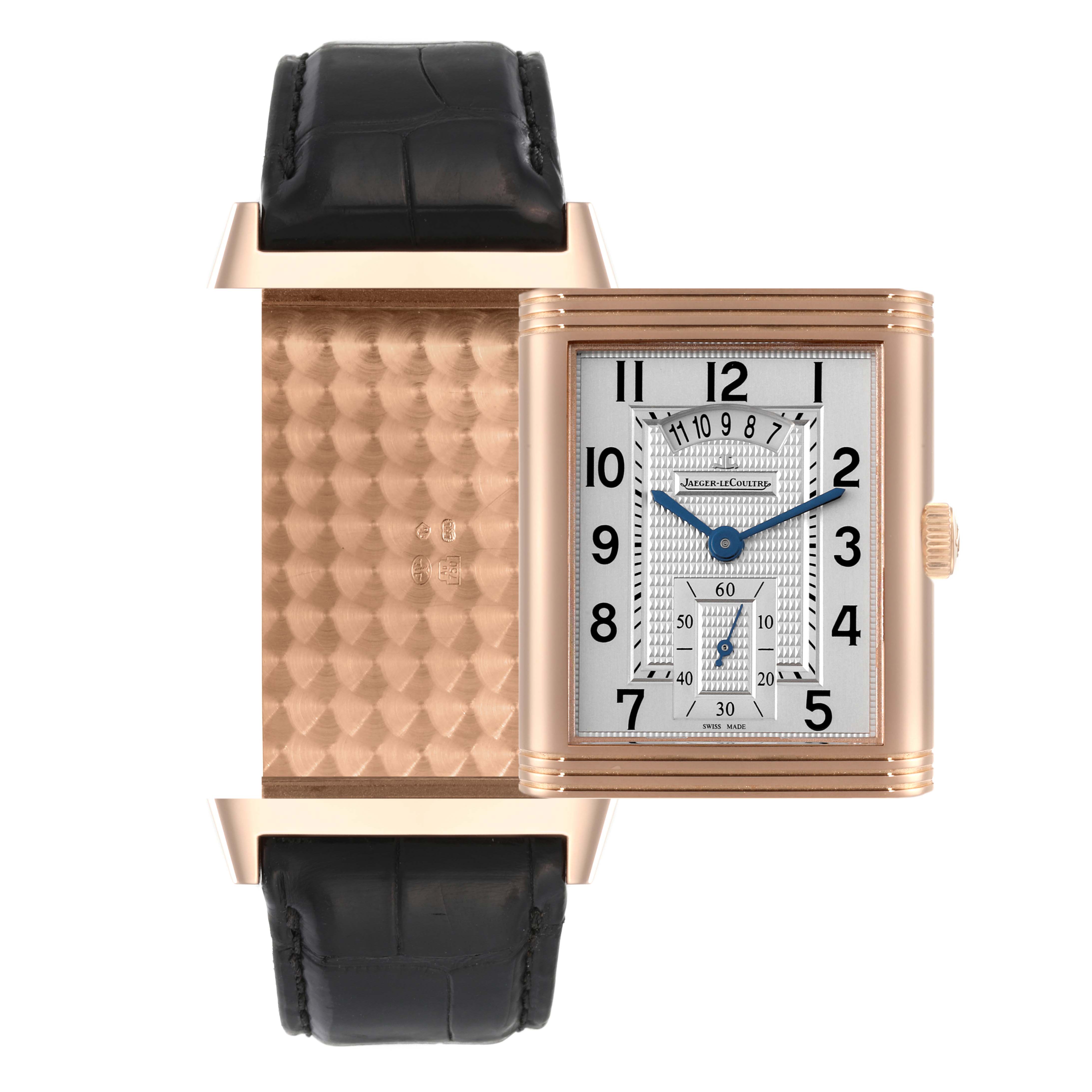 The image shows a Jaeger LeCoultre Reverso Q3742521 Men's Rose Gold Silver Dial Q3742521 Men's Rose Gold Silver Dial watch with its case partially open, revealing the back and front dial.