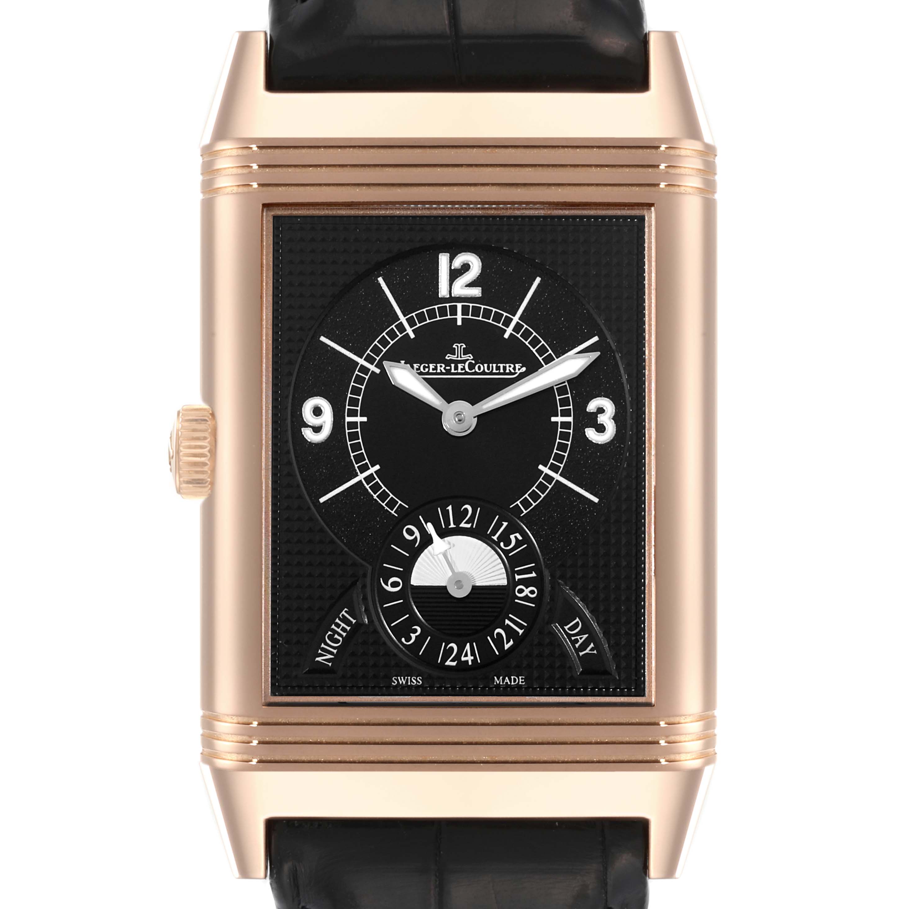 This Jaeger LeCoultre Reverso Q3742521 Men's Rose Gold Silver Dial Q3742521 Men's Rose Gold Silver Dial watch is shown from a front angle, featuring its rectangular face, hour markers, and subdial.