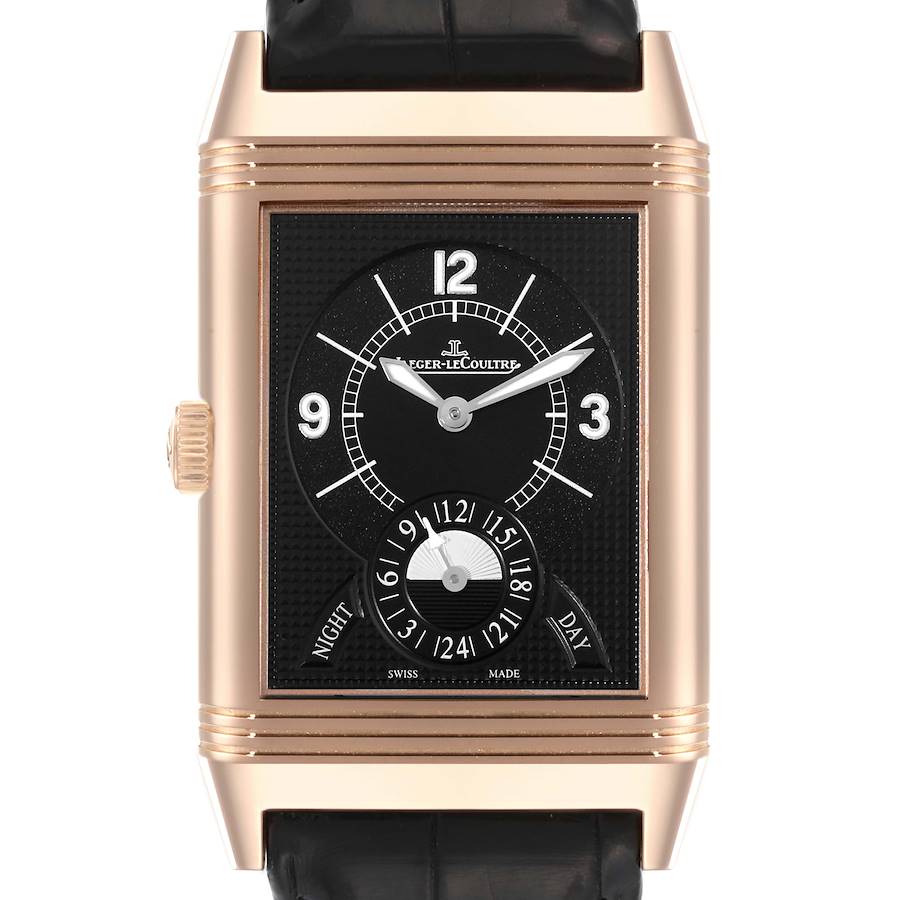 This Jaeger LeCoultre Reverso watch is shown from a front angle, featuring its rectangular face, hour markers, and subdial.