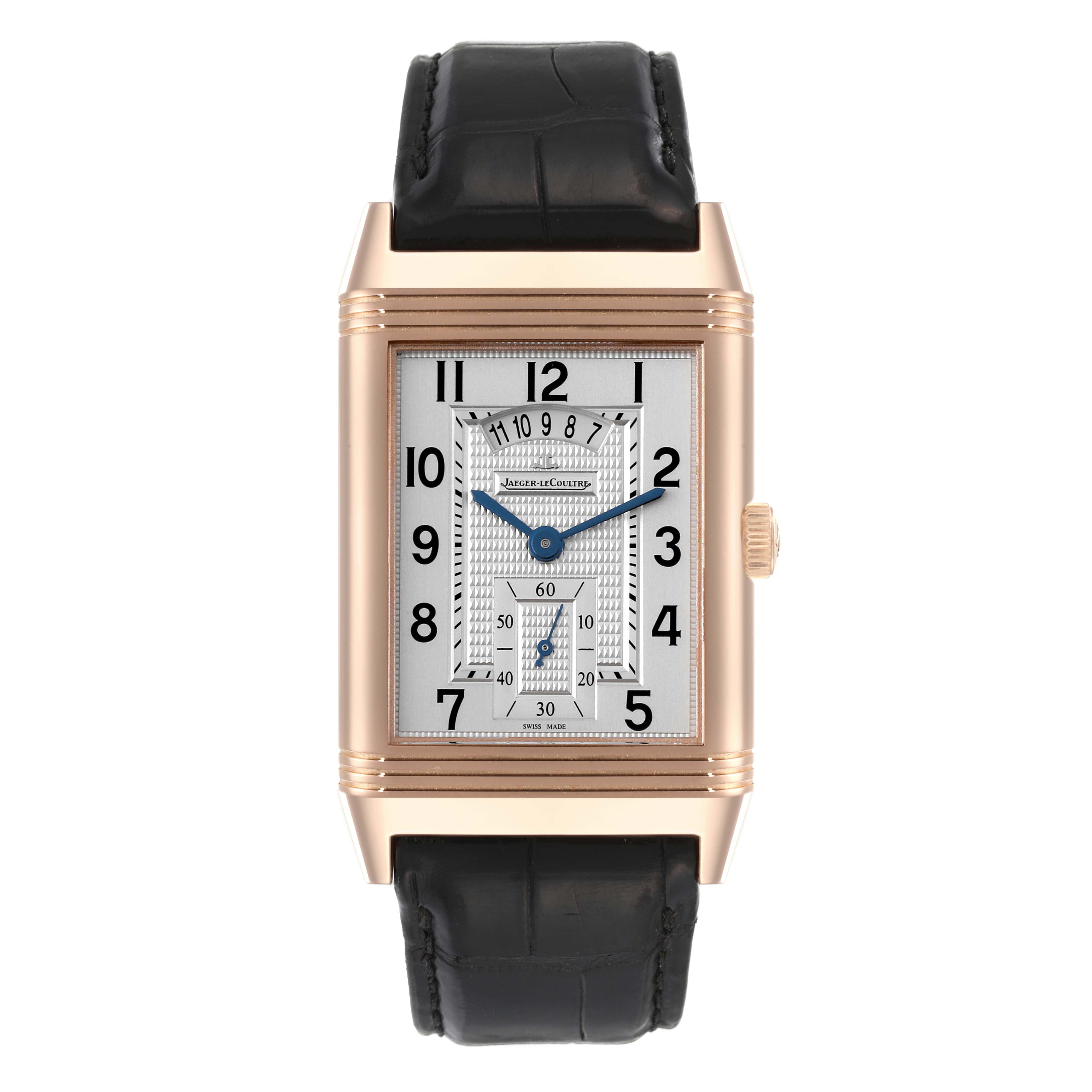 This image shows a front view of a Jaeger LeCoultre Reverso Q3742521 Men's Rose Gold Silver Dial Q3742521 Men's Rose Gold Silver Dial watch, featuring the dial, hands, strap, and crown.