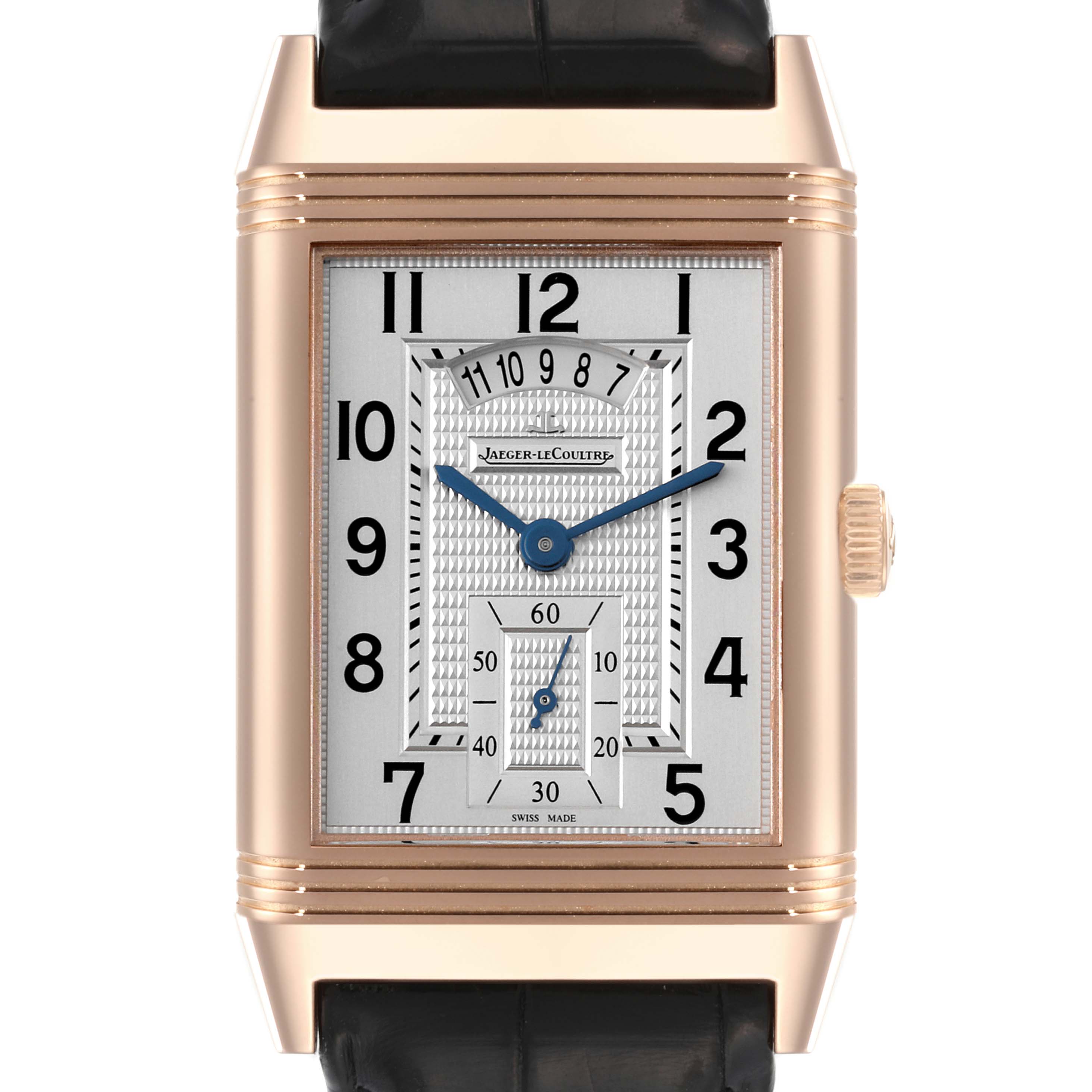 The image shows a front view of a Jaeger-LeCoultre Reverso watch displaying its rectangular dial, numerals, and crown.