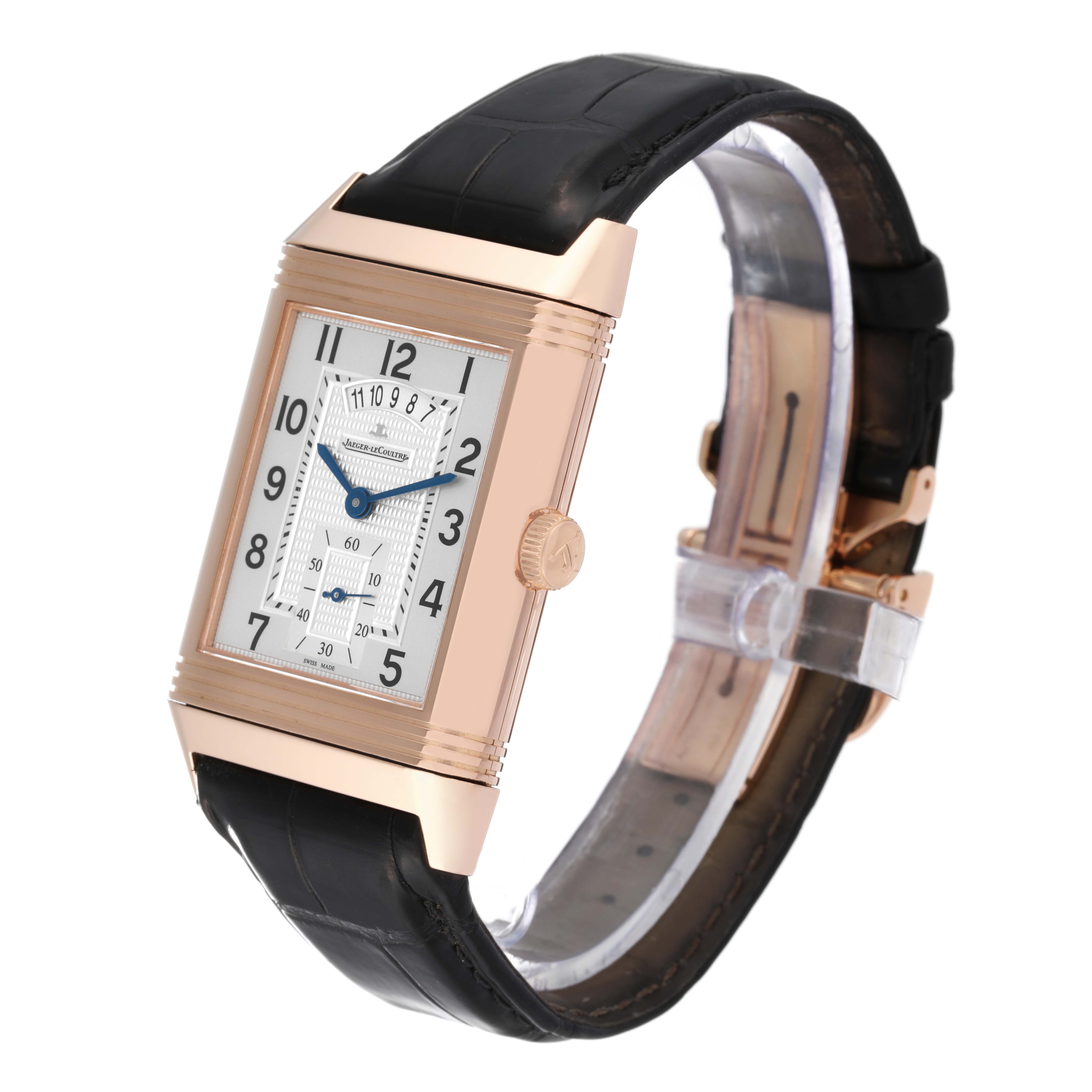 The image shows a Jaeger LeCoultre Reverso Q3742521 Men's Rose Gold Silver Dial Q3742521 Men's Rose Gold Silver Dial watch at a slight angle, displaying its rectangular dial, crown, and black leather strap.