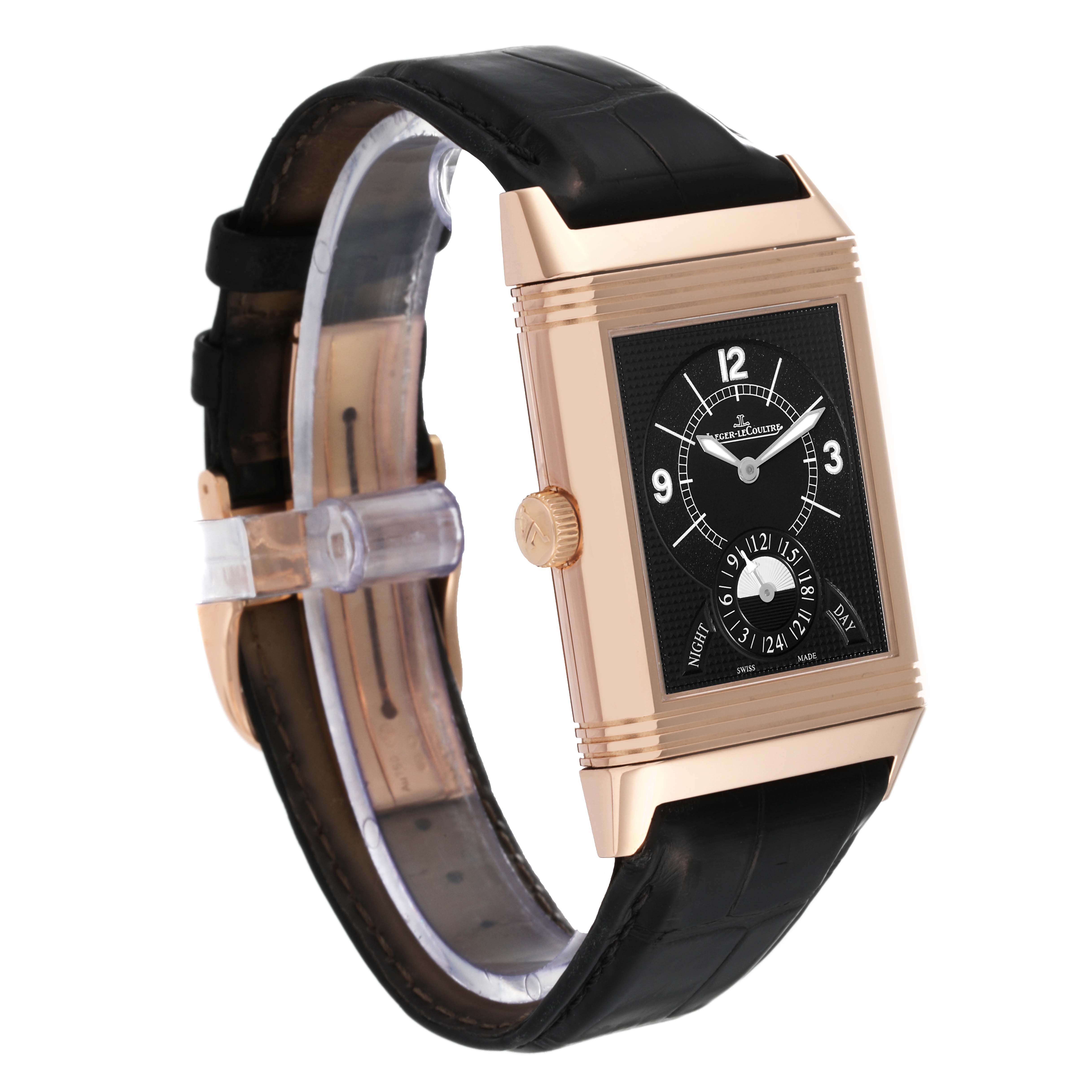 This image shows a side angle of the Jaeger LeCoultre Reverso Q3742521 Men's Rose Gold Silver Dial Q3742521 Men's Rose Gold Silver Dial watch, highlighting the face, crown, and black strap.