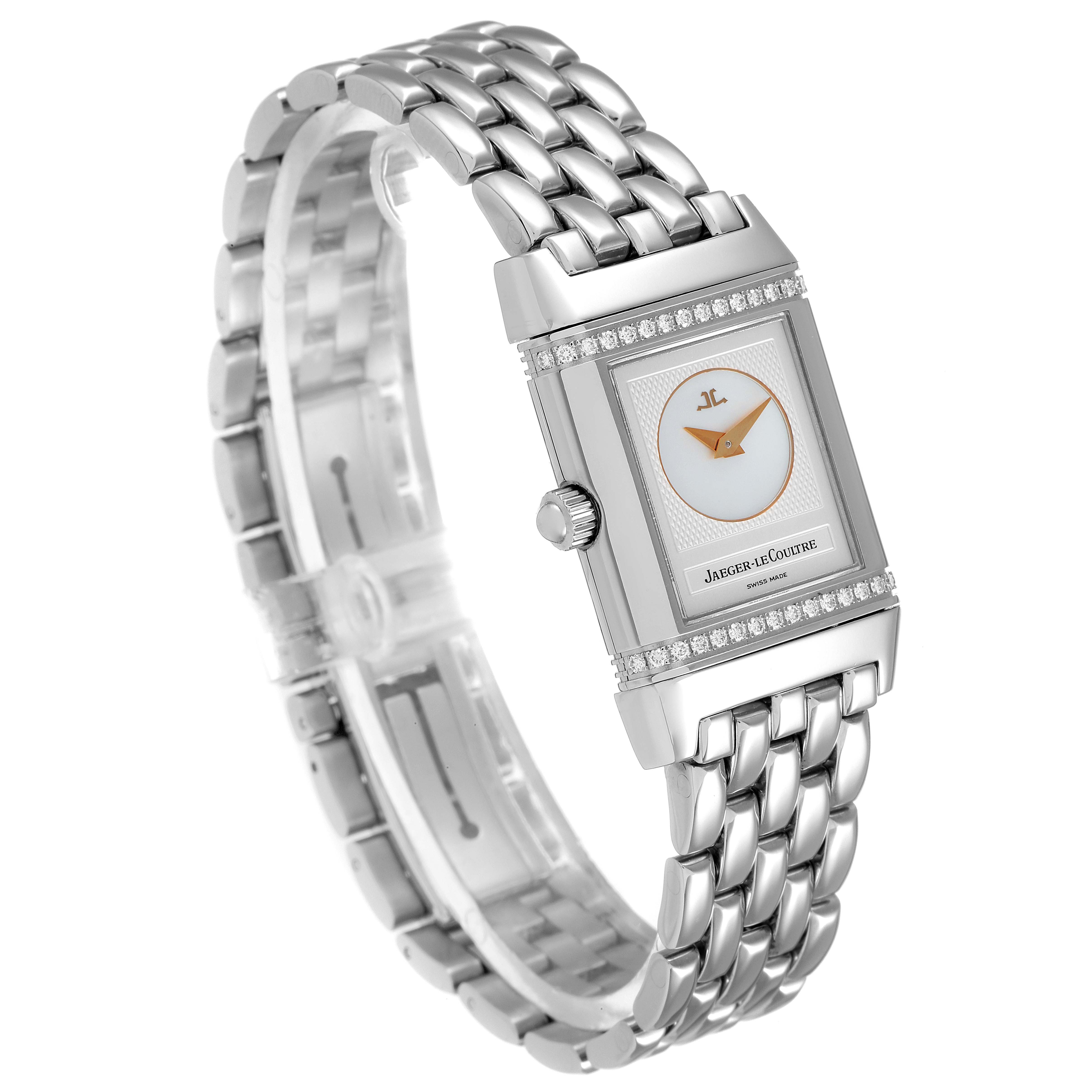 The image shows an angled view of a Jaeger LeCoultre Reverso 266.8.44 Women's Stainless Steel Mother of Pearl Dial 266.8.44 Women's Stainless Steel Mother of Pearl Dial watch, highlighting the face, strap, and side crown.