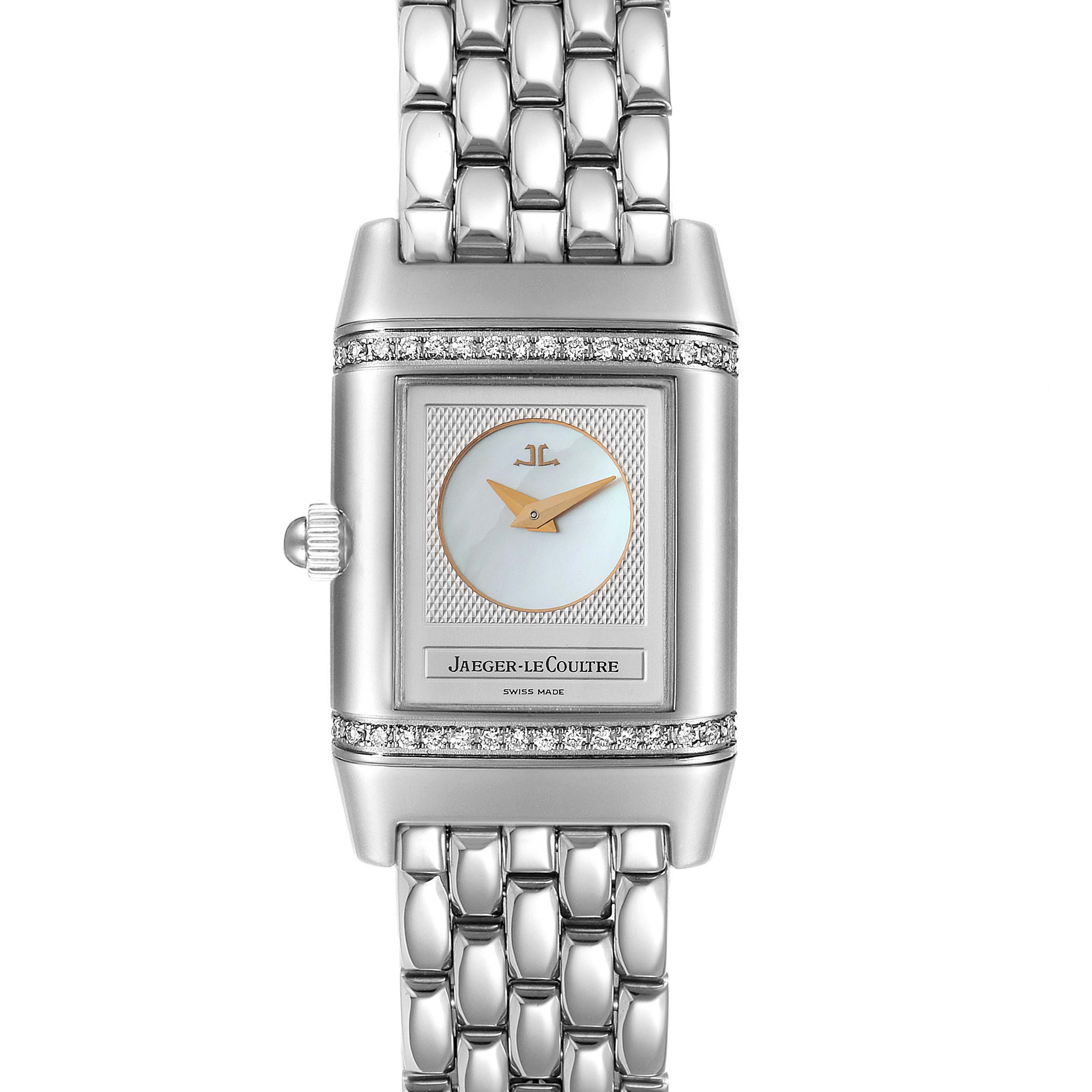 The image shows the front view of a Jaeger LeCoultre Reverso 266.8.44 Women's Stainless Steel Mother of Pearl Dial 266.8.44 Women's Stainless Steel Mother of Pearl Dial watch, highlighting the dial, crown, and metal bracelet.
