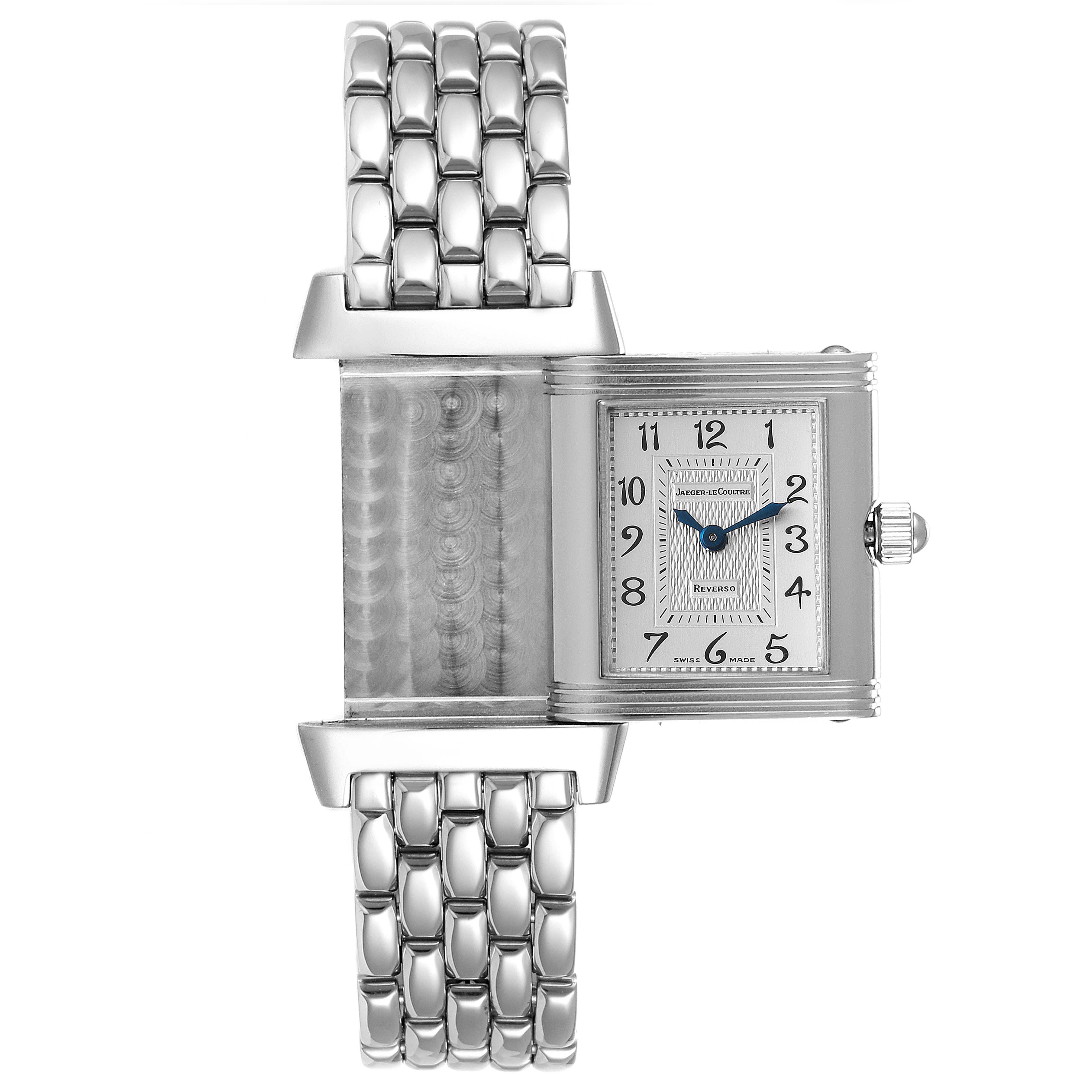The image shows the Jaeger LeCoultre Reverso 266.8.44 Women's Stainless Steel Mother of Pearl Dial 266.8.44 Women's Stainless Steel Mother of Pearl Dial watch, photographed from above with its case flipped open and side-by-side, revealing the inner details.