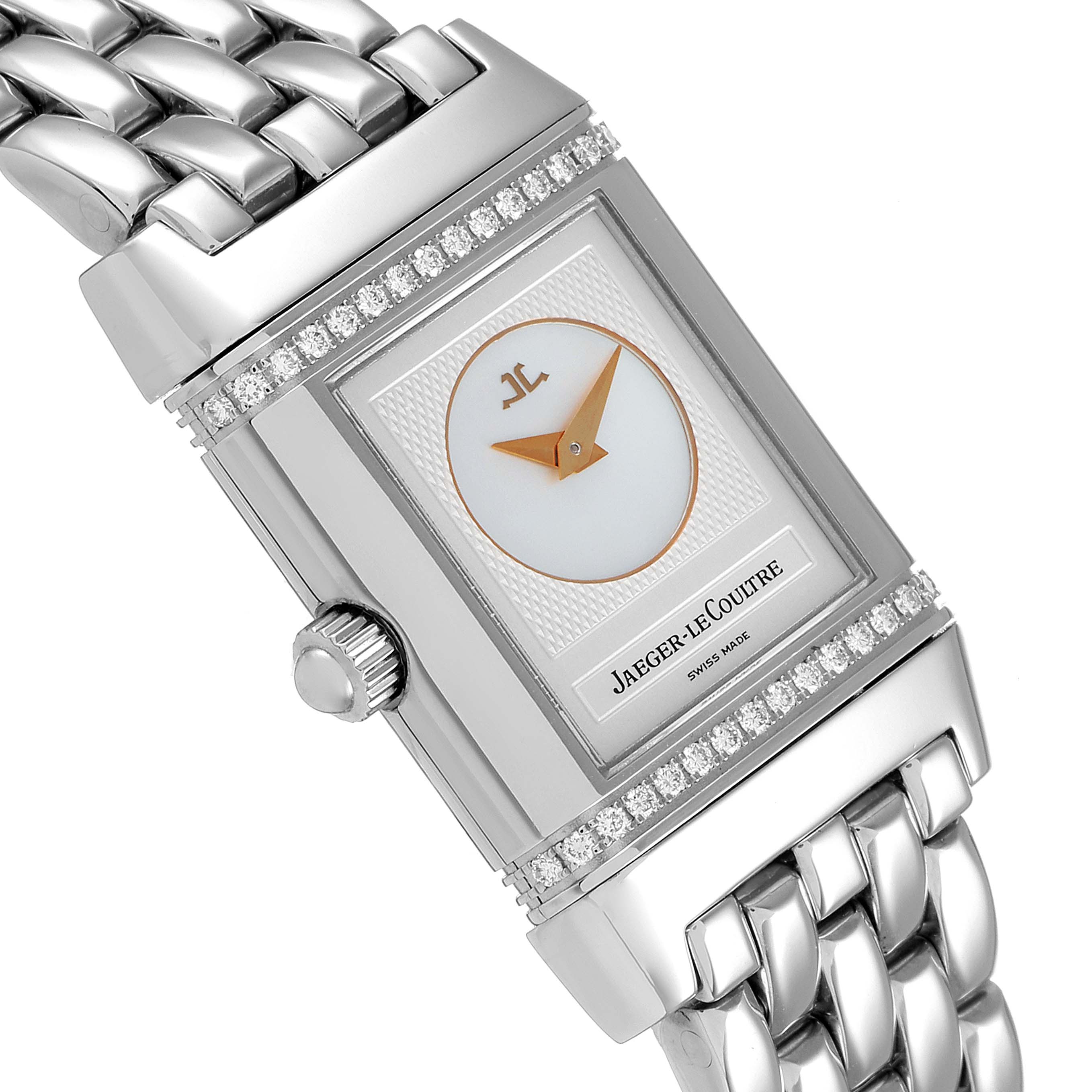 The image shows a close-up angled view of a Jaeger LeCoultre Reverso 266.8.44 Women's Stainless Steel Mother of Pearl Dial 266.8.44 Women's Stainless Steel Mother of Pearl Dial watch, highlighting the face, crown, and bracelet.