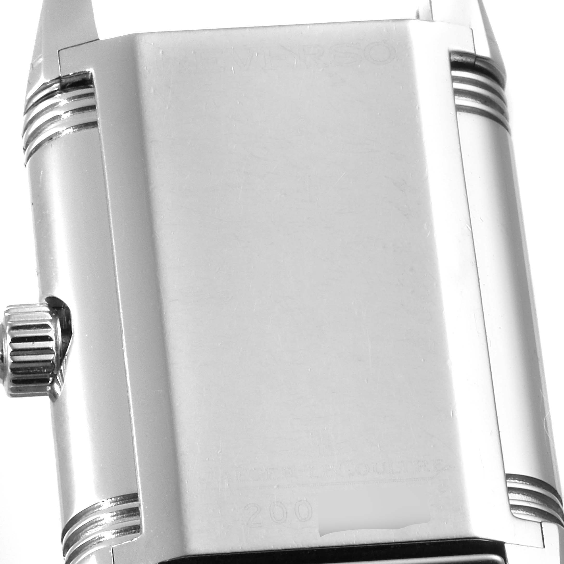 This image shows the back case of a Jaeger-LeCoultre Reverso watch from a straight-on angle.