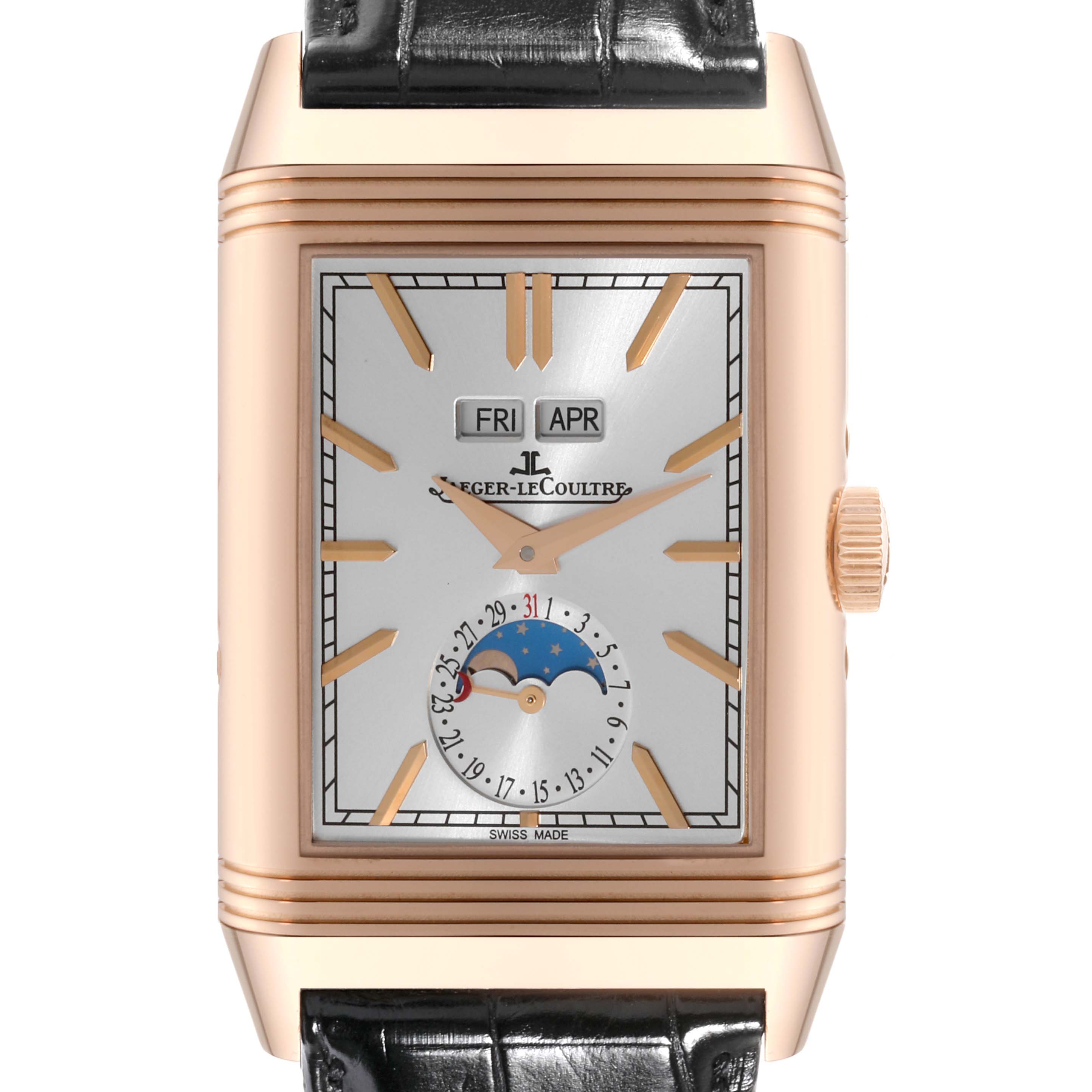 The image shows a Jaeger-LeCoultre Reverso watch, view is a front angle, highlighting the dial, crown, and parts of the strap.