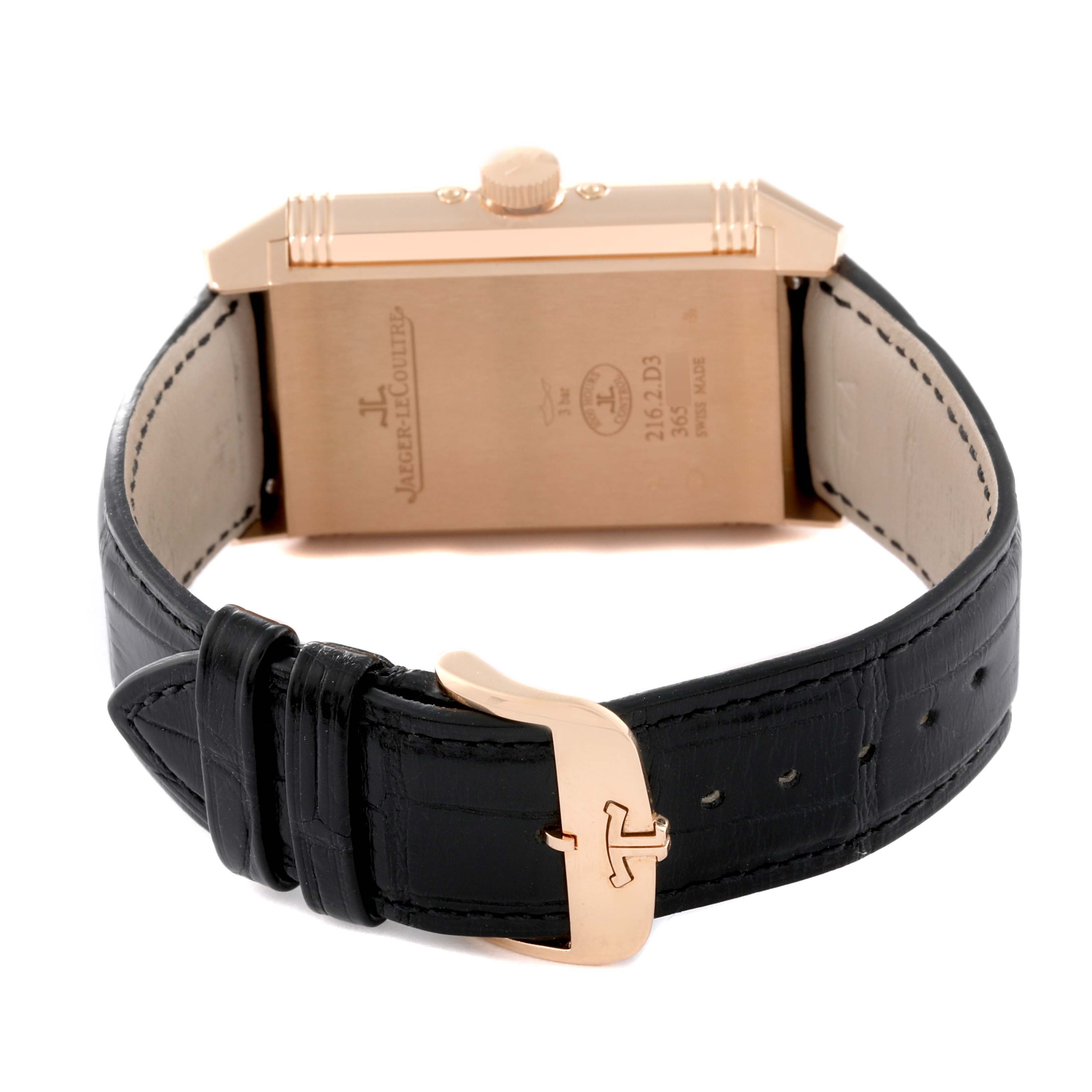 The image shows the back and clasp of a Jaeger-LeCoultre Reverso watch, highlighting the strap and caseback.