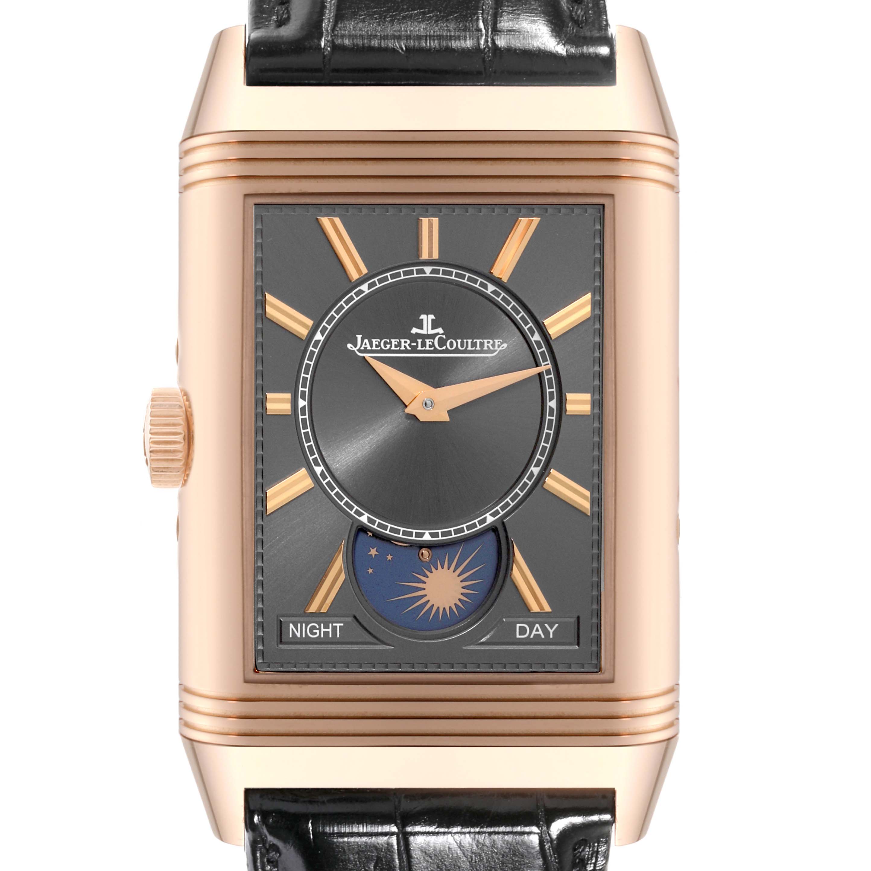 The image shows a frontal view of a Jaeger LeCoultre Reverso Q3912530 Men's Rose Gold Grey Dial Q3912530 Men's Rose Gold Grey Dial watch, displaying the dial, hands, crown, and day-night indicator.
