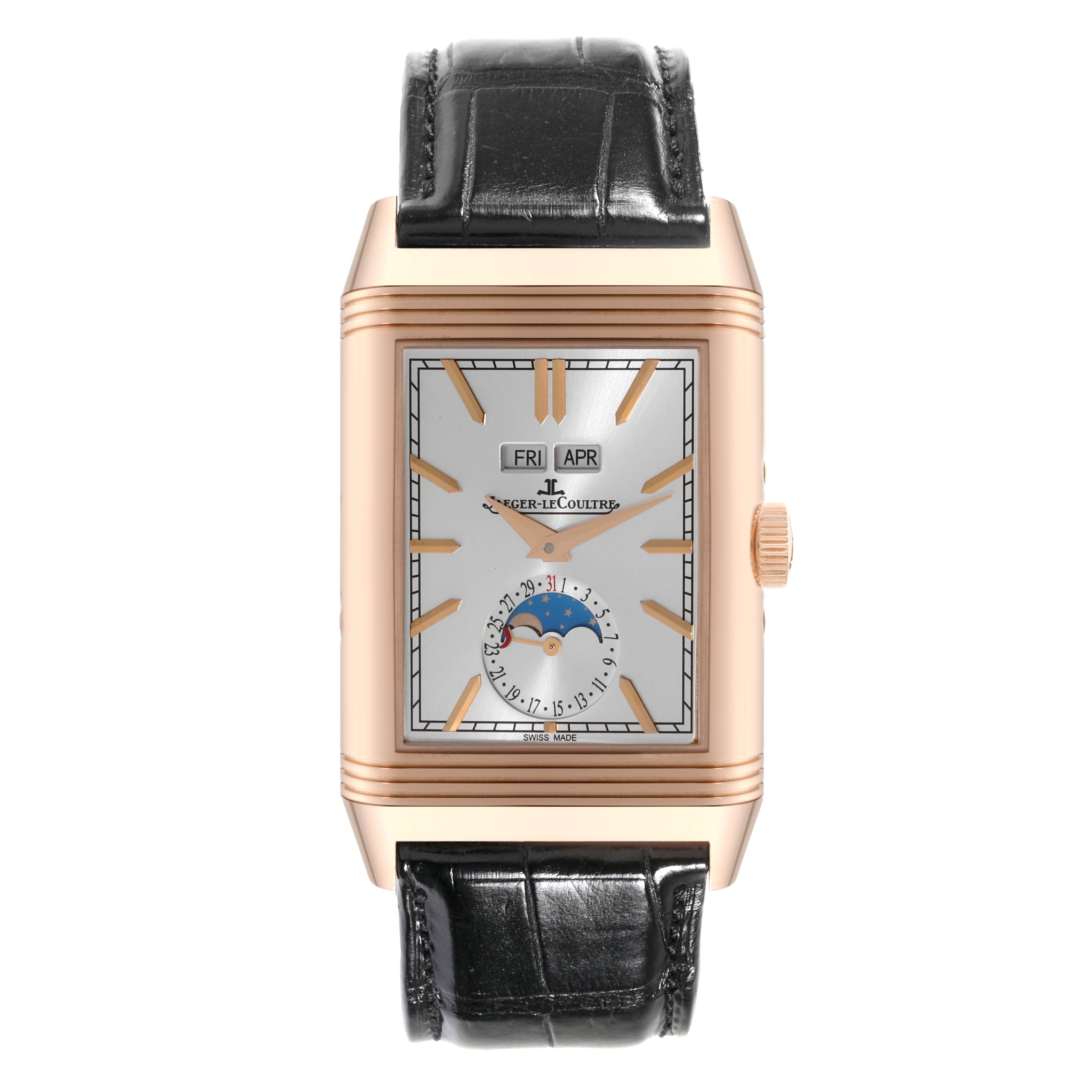 This Jaeger-LeCoultre Reverso model watch is shown from a front angle displaying its face, strap, and side crown.