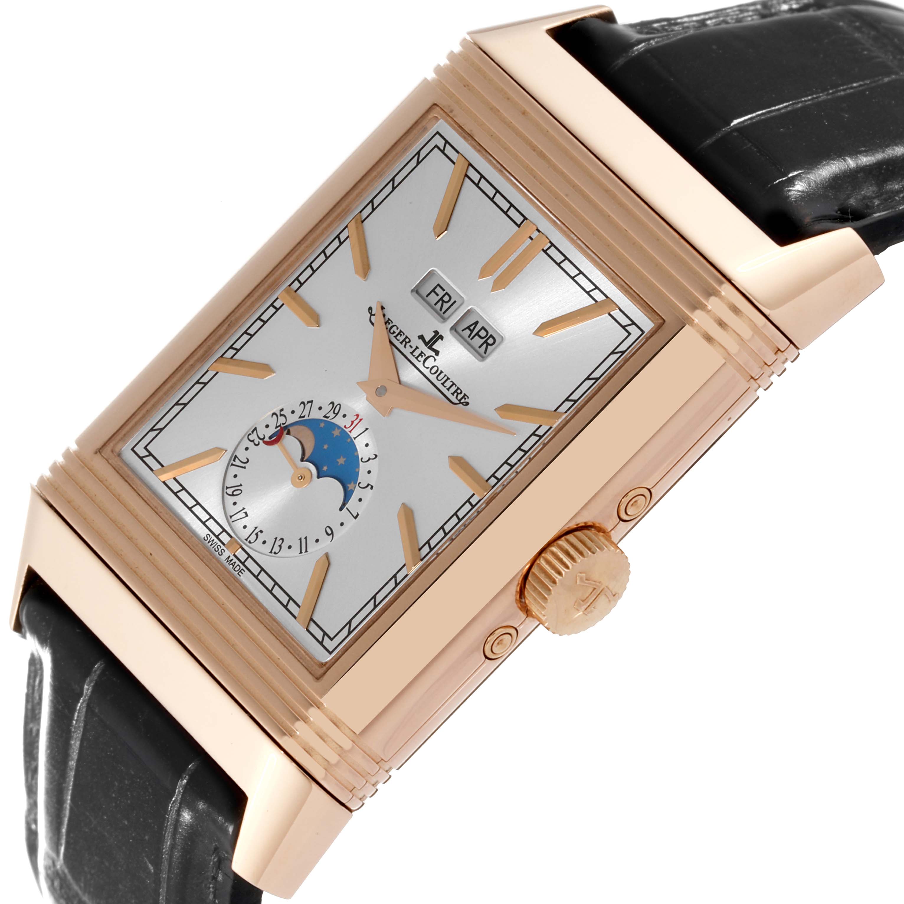 This image shows a tilted view of a Jaeger LeCoultre Reverso Q3912530 Men's Rose Gold Grey Dial Q3912530 Men's Rose Gold Grey Dial watch, highlighting the dial, crown, case, and part of the strap.