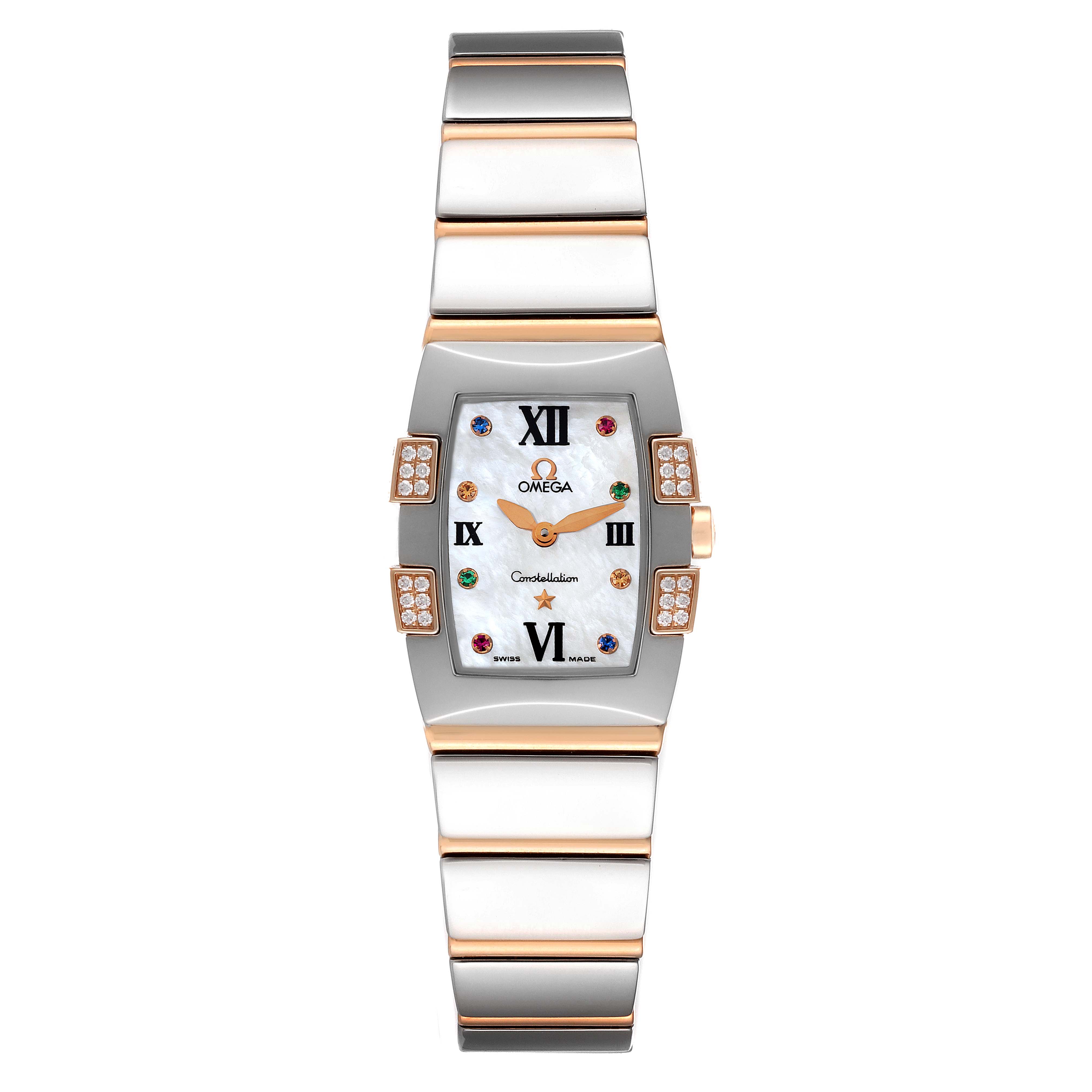 The Omega 1283.79.00 Women's Steel and Gold (two tone) Mother of Pearl Dial 1283.79.00 Women's Steel and Gold (two tone) Mother of Pearl Dial Constellation Quadrella 1283.79.00 is shown from a top-down angle displaying its face and full band.