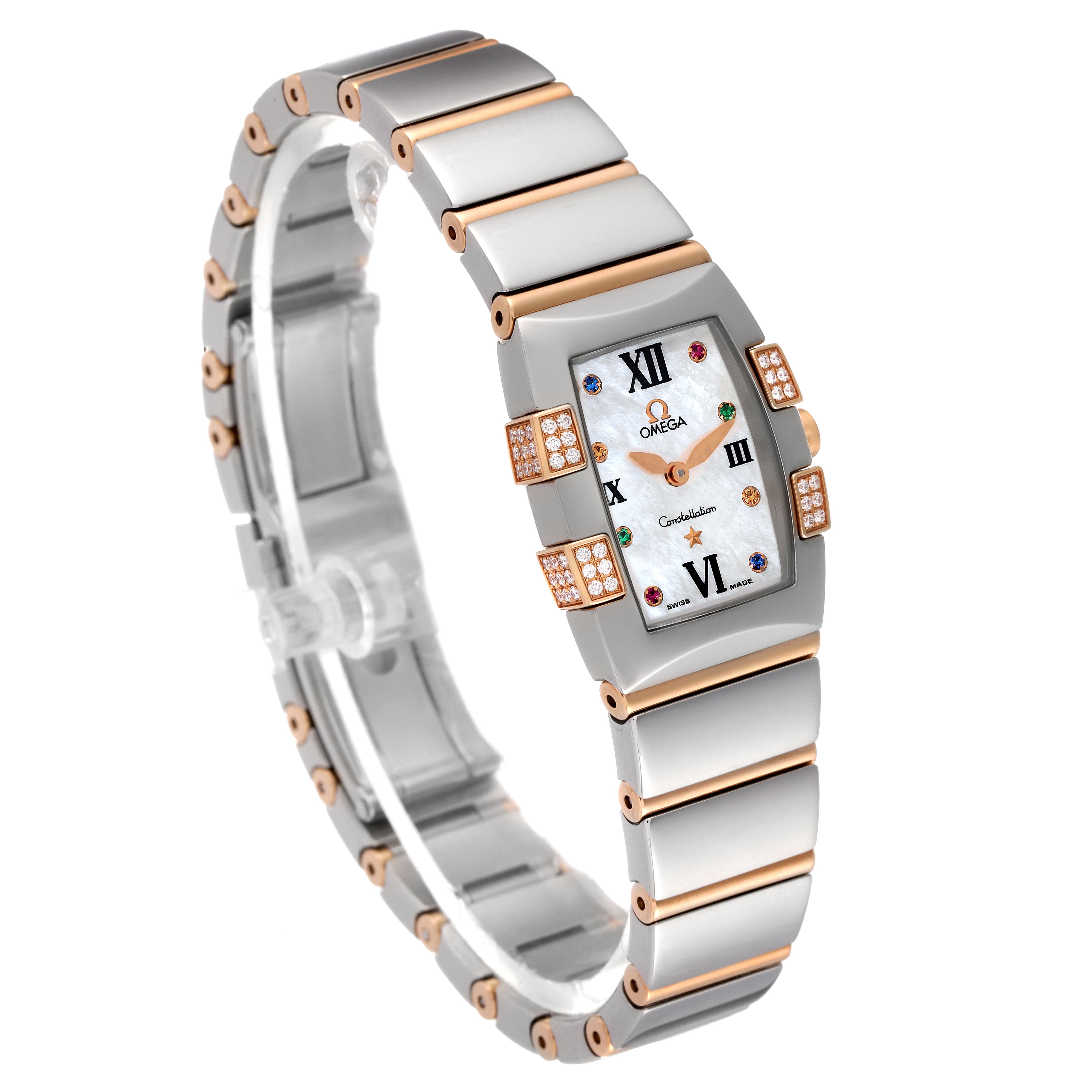 The image shows an angled view of the Omega 1283.79.00 Women's Steel and Gold (two tone) Mother of Pearl Dial 1283.79.00 Women's Steel and Gold (two tone) Mother of Pearl Dial Constellation Quadrella Steel Rose Gold Mother of Pearl Ladies Watch 1283.79.00, displaying its face and bracelet.