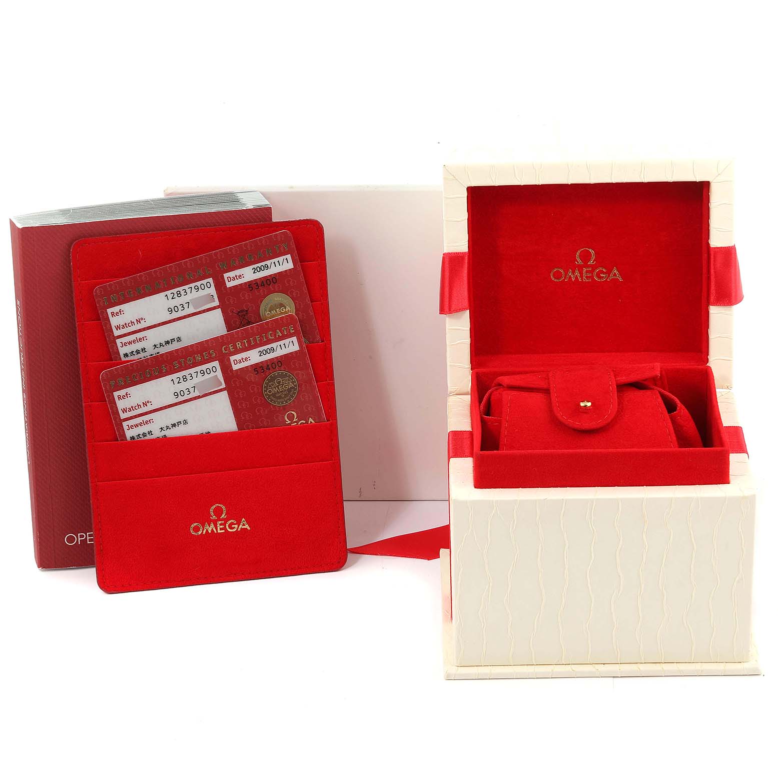 The image shows the box, case, and cards for the Omega 1283.79.00 Women's Steel and Gold (two tone) Mother of Pearl Dial 1283.79.00 Women's Steel and Gold (two tone) Mother of Pearl Dial Constellation Quadrella Steel Rose Gold Mother of Pearl Ladies Watch, model 1283.79.00.