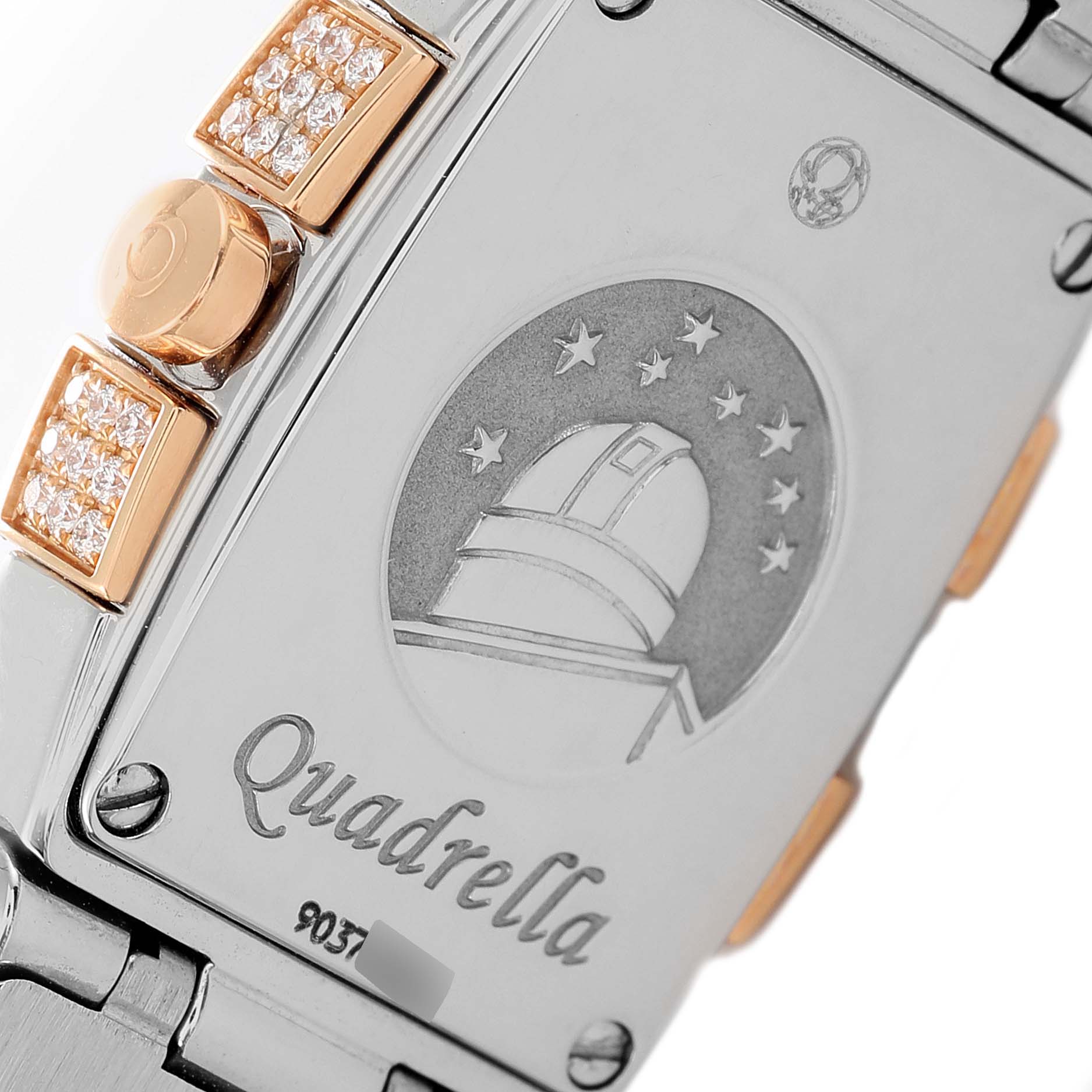 The image shows the back of an Omega 1283.79.00 Women's Steel and Gold (two tone) Mother of Pearl Dial 1283.79.00 Women's Steel and Gold (two tone) Mother of Pearl Dial Constellation Quadrella Steel Rose Gold 1283.79.00 watch, featuring engravings and diamond accents.