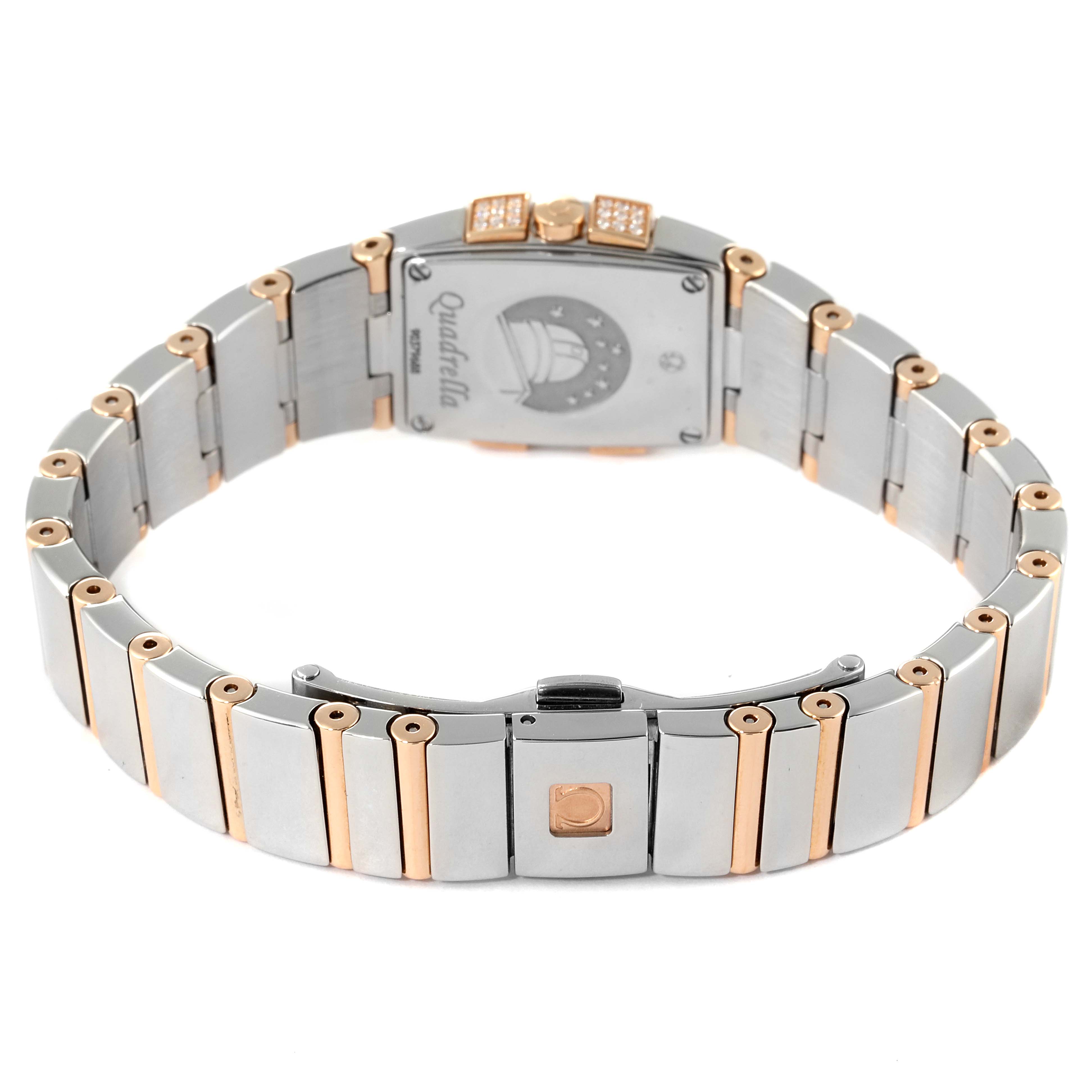 The image shows the back and bracelet of the Omega 1283.79.00 Women's Steel and Gold (two tone) Mother of Pearl Dial 1283.79.00 Women's Steel and Gold (two tone) Mother of Pearl Dial Constellation Quadrella Steel Rose Gold Mother of Pearl Ladies Watch 1283.79.00.