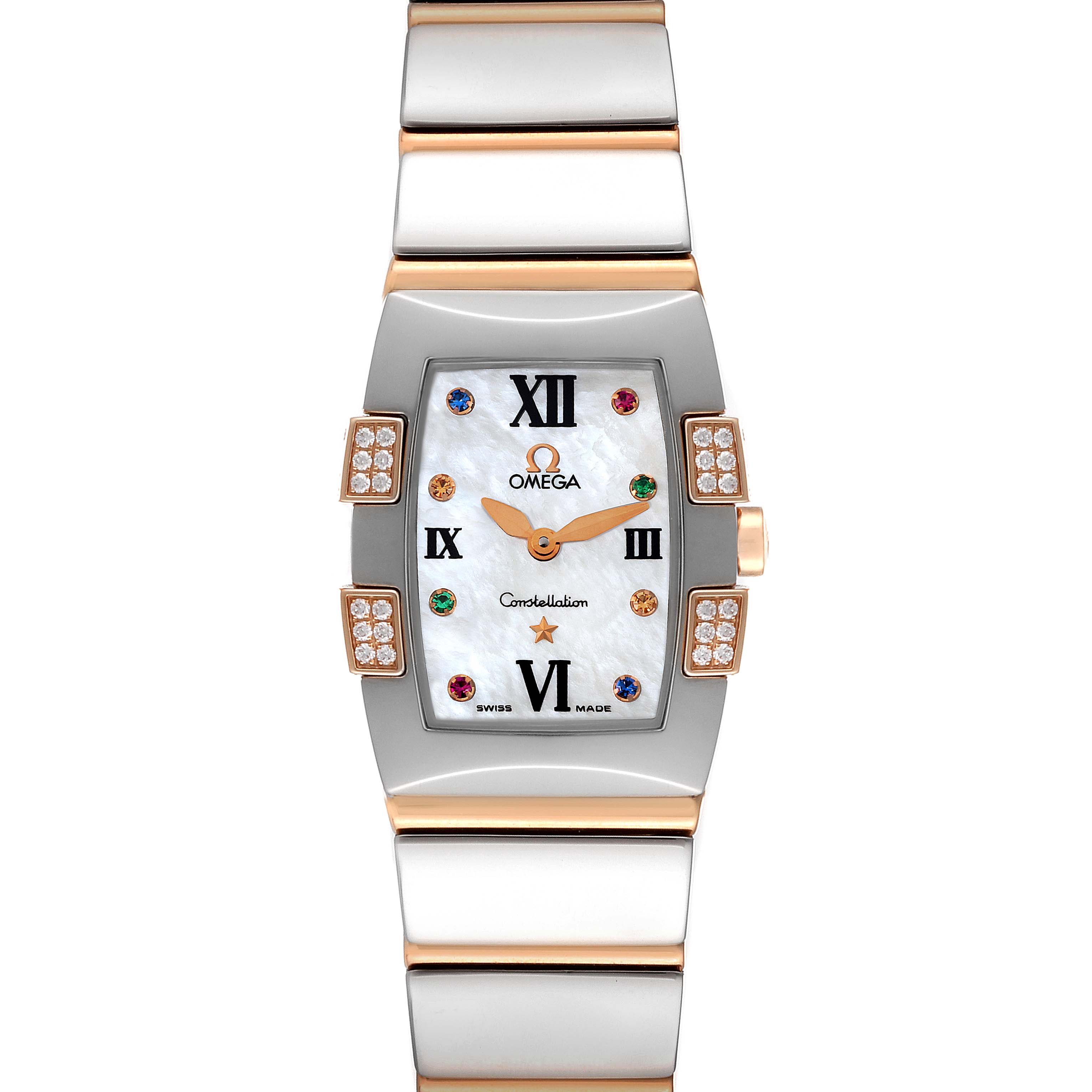 The image shows a front view of the Omega 1283.79.00 Women's Steel and Gold (two tone) Mother of Pearl Dial 1283.79.00 Women's Steel and Gold (two tone) Mother of Pearl Dial Constellation Quadrella Steel Rose Gold Mother of Pearl Ladies Watch, model 1283.79.00.