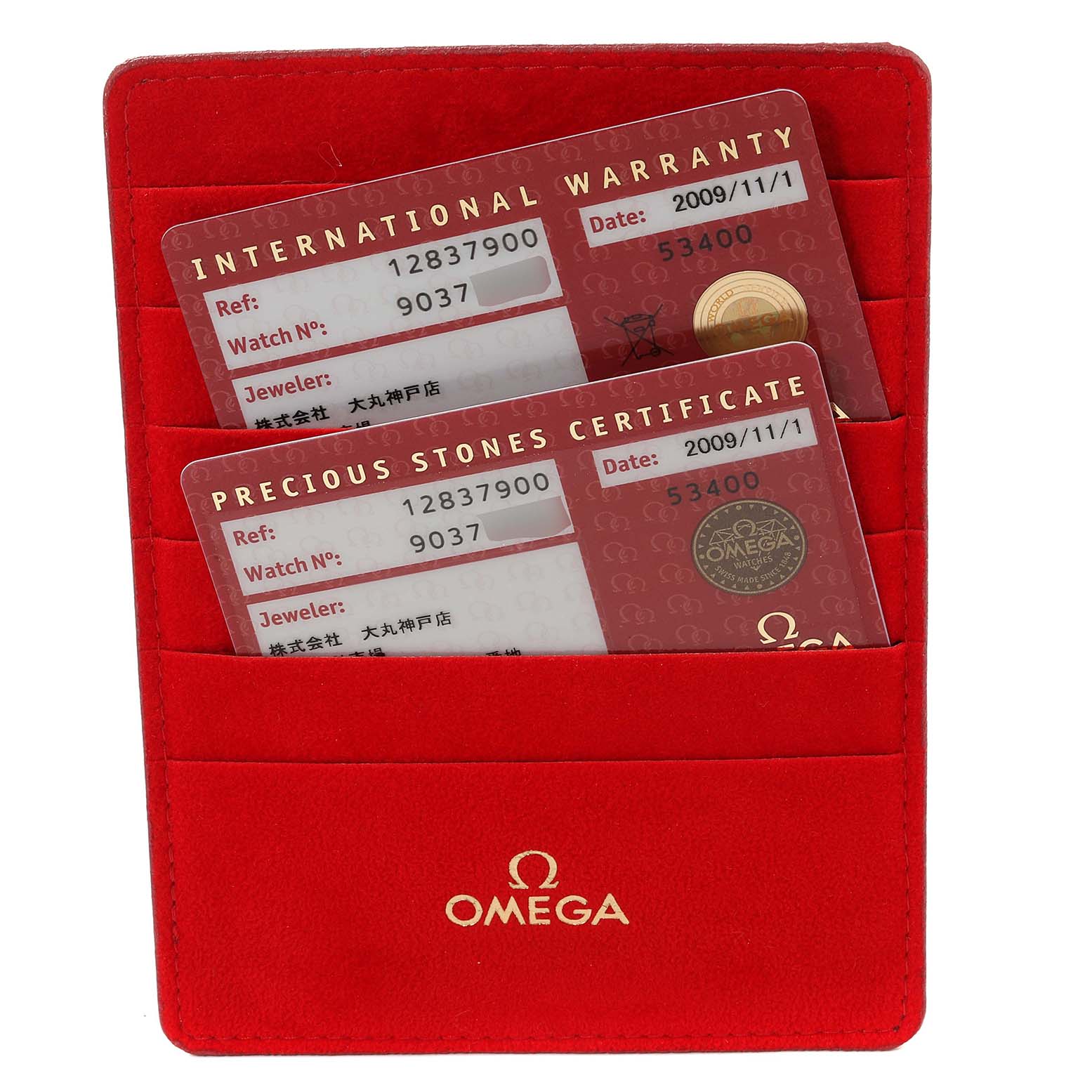 The image shows the international warranty and precious stones certificate cards for the Omega 1283.79.00 Women's Steel and Gold (two tone) Mother of Pearl Dial 1283.79.00 Women's Steel and Gold (two tone) Mother of Pearl Dial Constellation Quadrella 1283.79.00 model in a red cardholder.