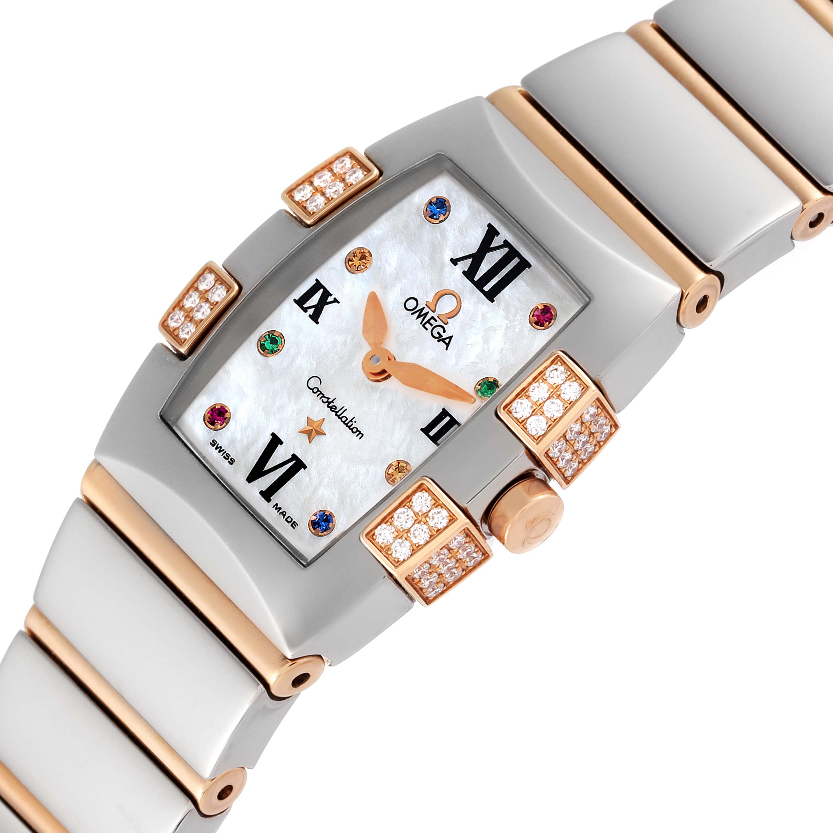 The image shows the dial and bracelet of the Omega 1283.79.00 Women's Steel and Gold (two tone) Mother of Pearl Dial 1283.79.00 Women's Steel and Gold (two tone) Mother of Pearl Dial Constellation Quadrella Steel Rose Gold Mother of Pearl Ladies Watch 1283.79.00 at an angled top view.
