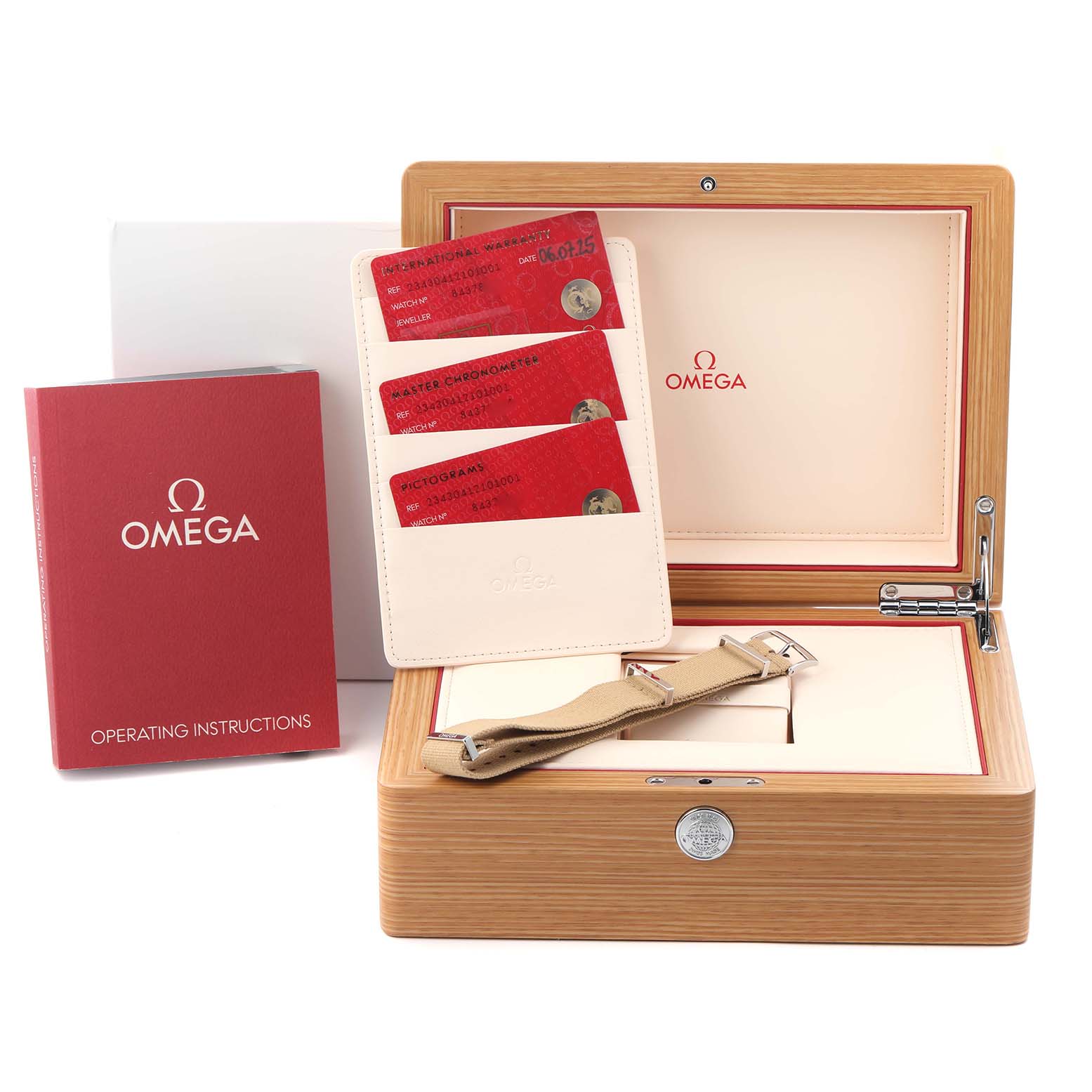 The image shows the accessories for the Omega Seamaster model 234.30.41.21.01.001, including the watch box, operating instructions, warranty cards, and an additional strap.