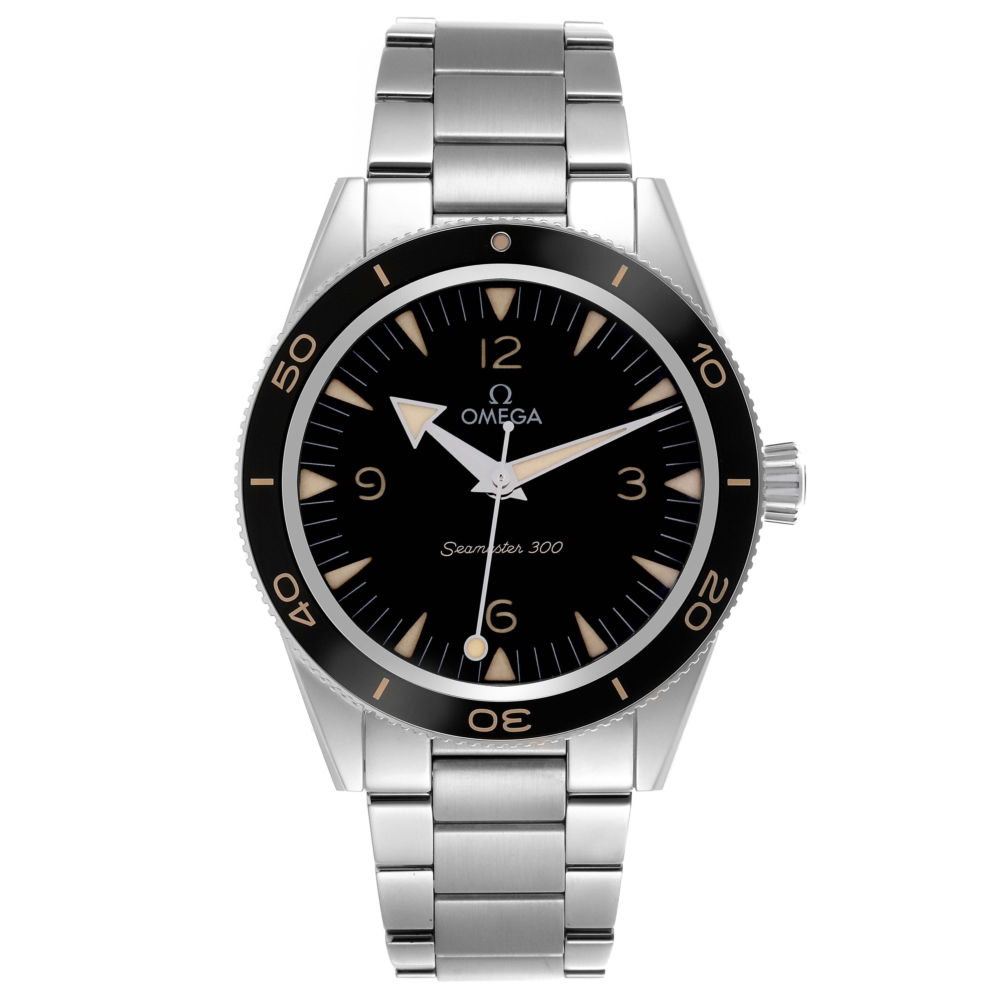 The Omega Seamaster model 234.30.41.21.01.001 is shown from a straight-on angle, highlighting the dial, bezel, and stainless steel bracelet.