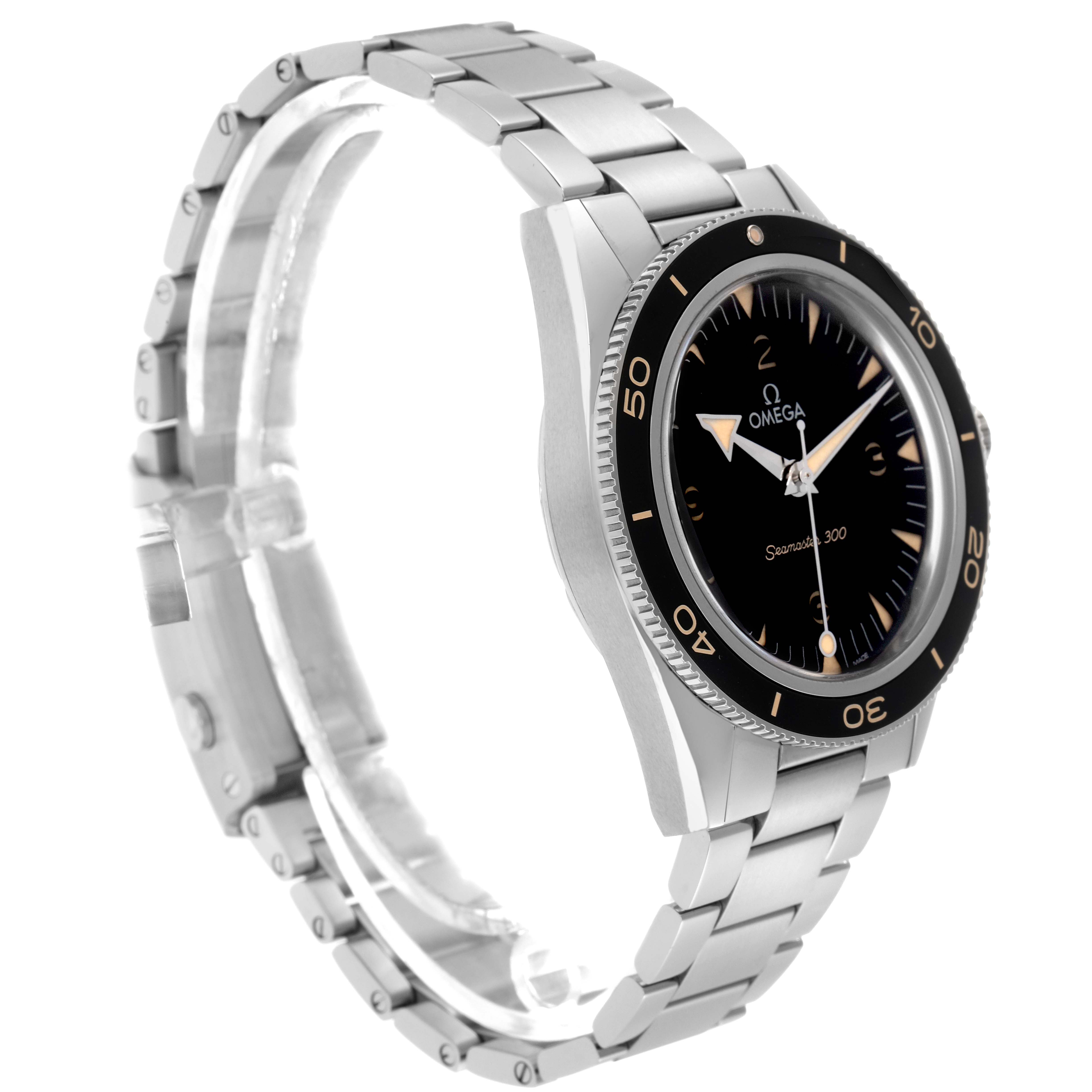 The Omega Seamaster model 234.30.41.21.01.001 is shown from an angled side view, displaying the watch face, bezel, and metal bracelet.