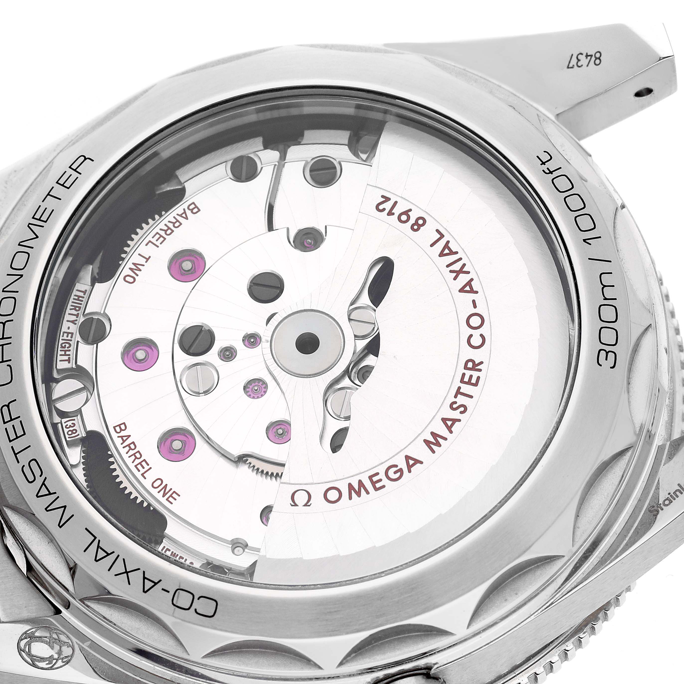 The image shows the back of the Omega Seamaster model 234.30.41.21.01.001, highlighting its exposed mechanical movement and case engravings.