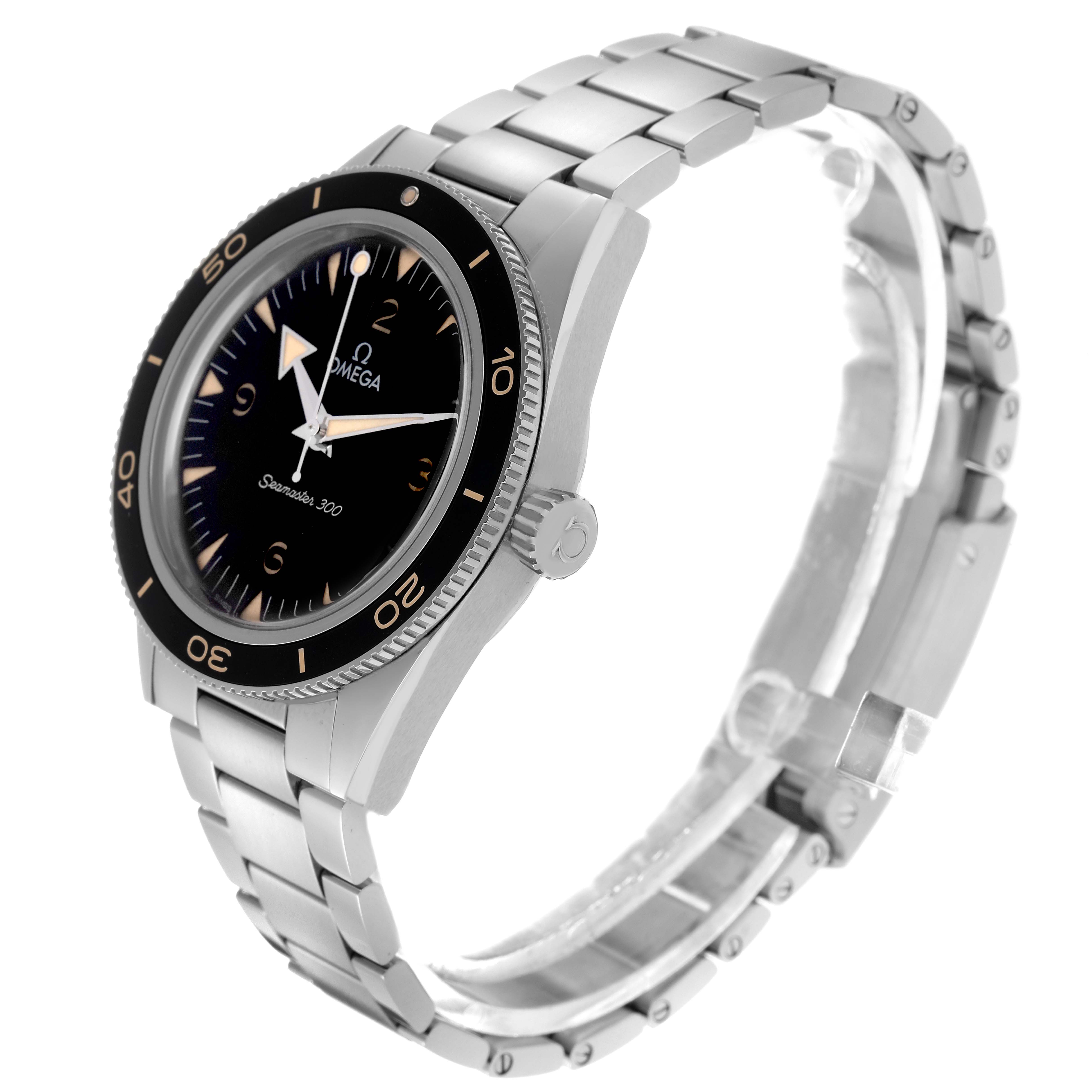 The Omega Seamaster model 234.30.41.21.01.001 is shown from an angled side view, highlighting the bezel, dial, crown, and metal bracelet.