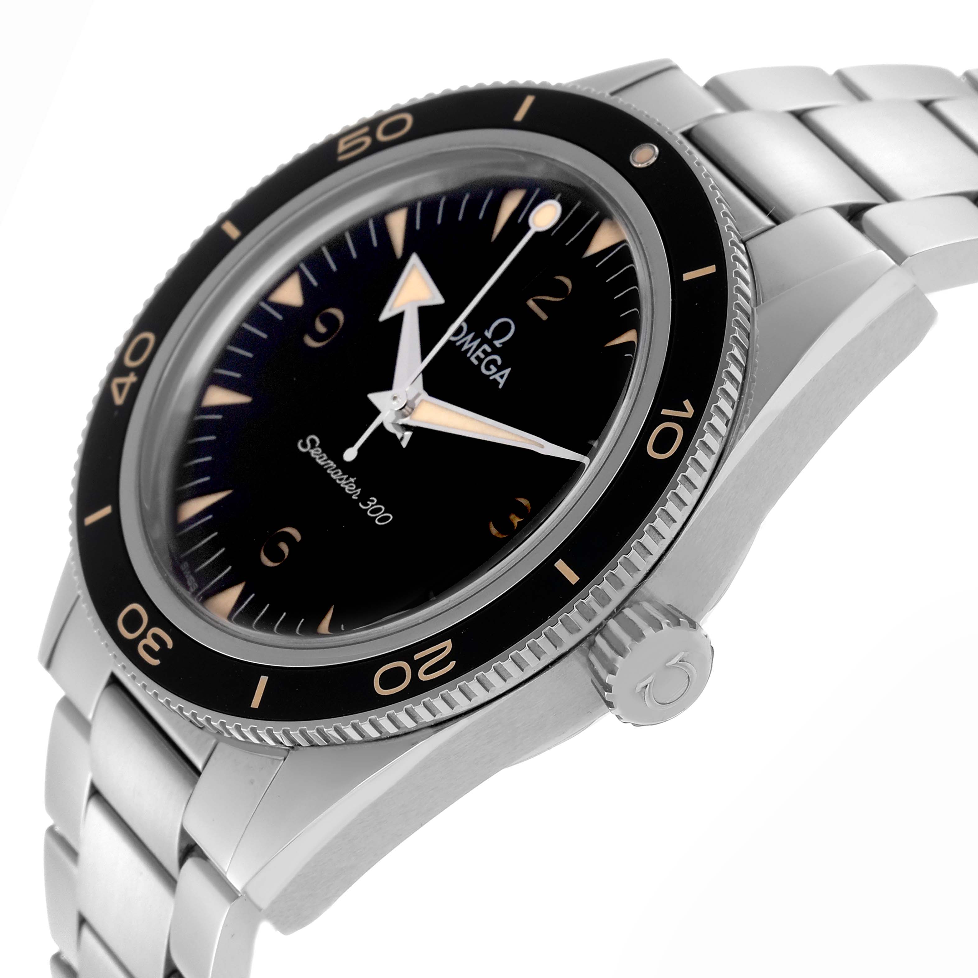 The image shows an angled view of the Omega Seamaster model 234.30.41.21.01.001, highlighting the black dial, bezel, crown, and stainless steel bracelet.