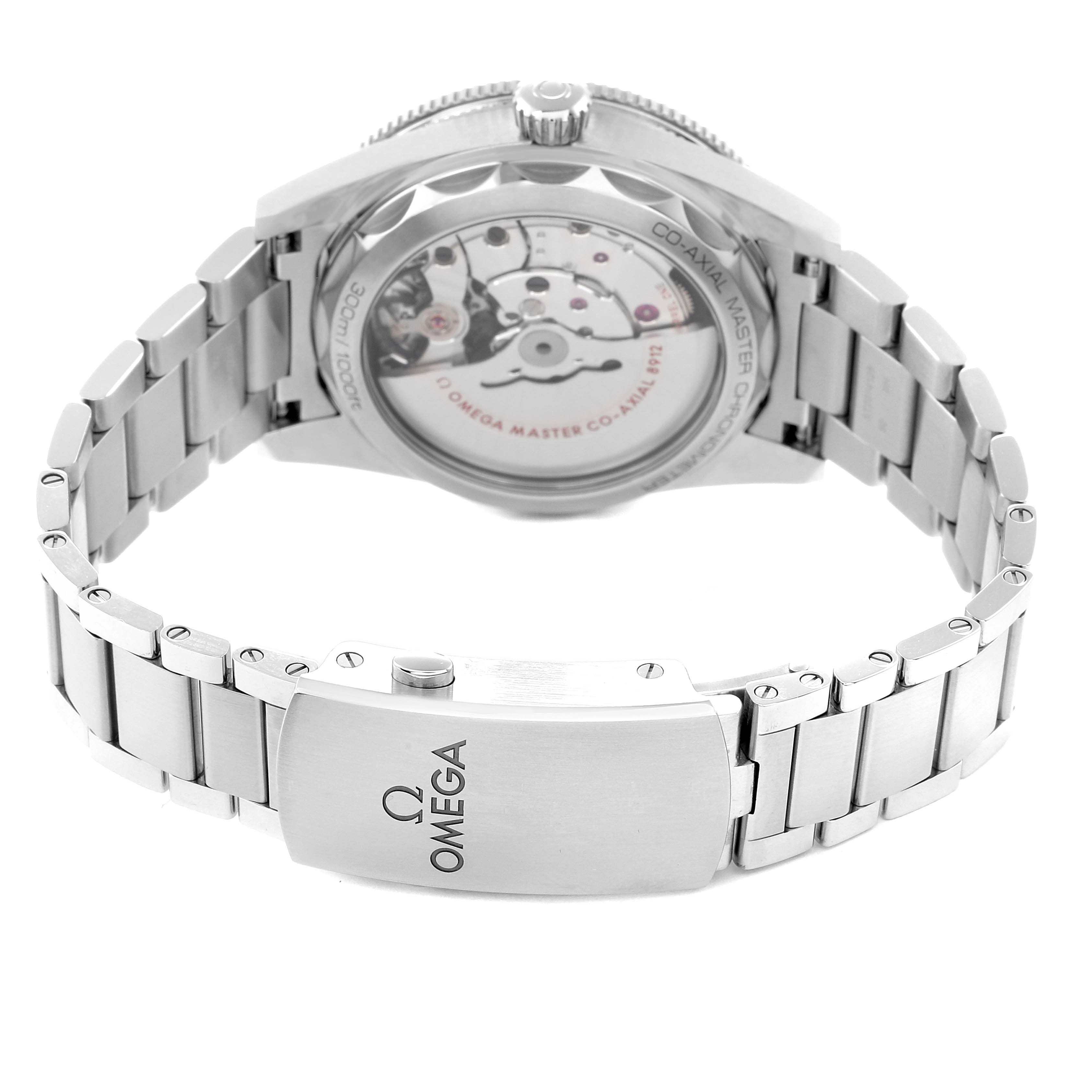 The image shows the back view of the Omega Seamaster model 234.30.41.21.01.001, highlighting the clasp, bracelet, and partially visible case back.