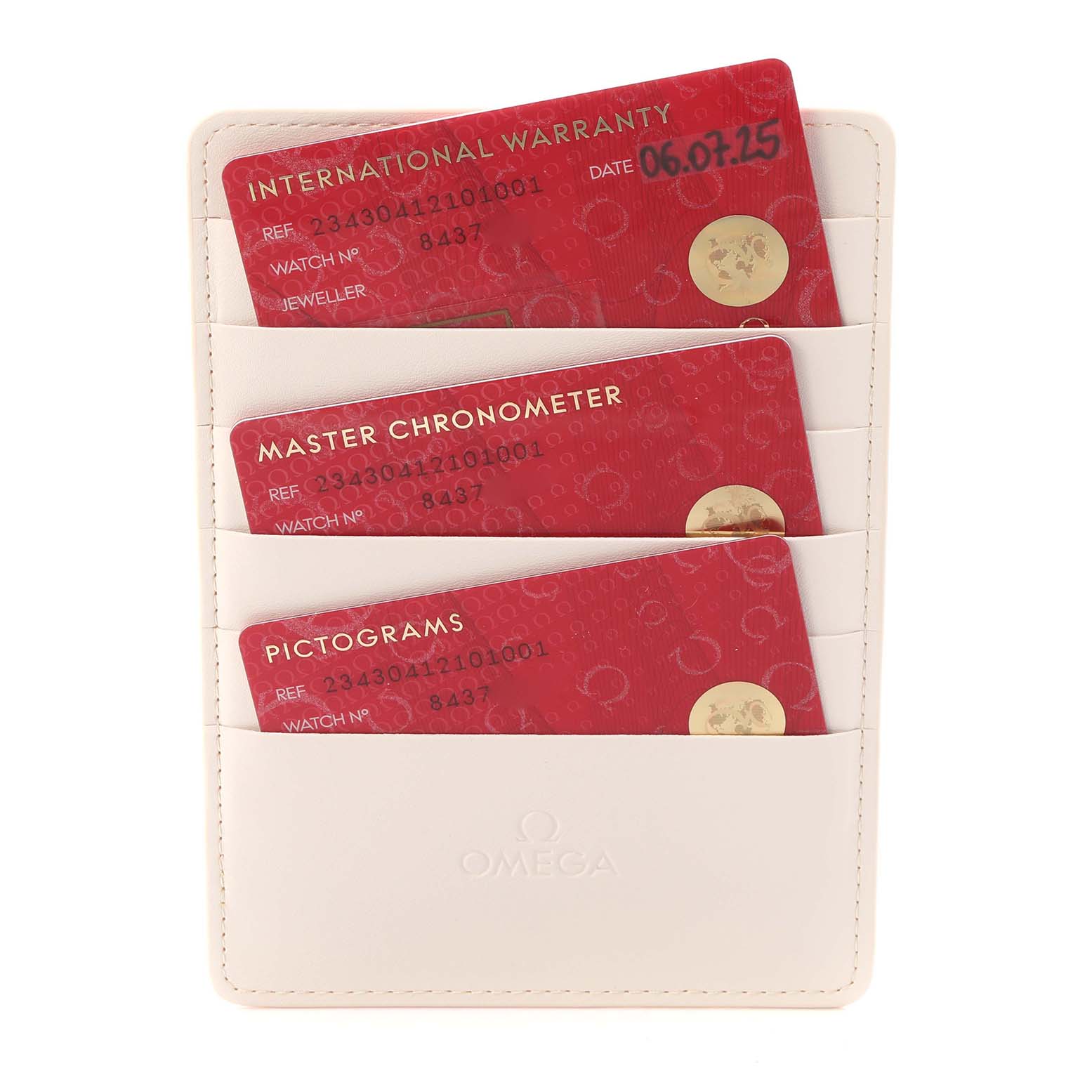 The image shows warranty cards and accessories for the Omega Seamaster model 234.30.41.21.01.001, including International Warranty, Master Chronometer, and Pictograms cards.