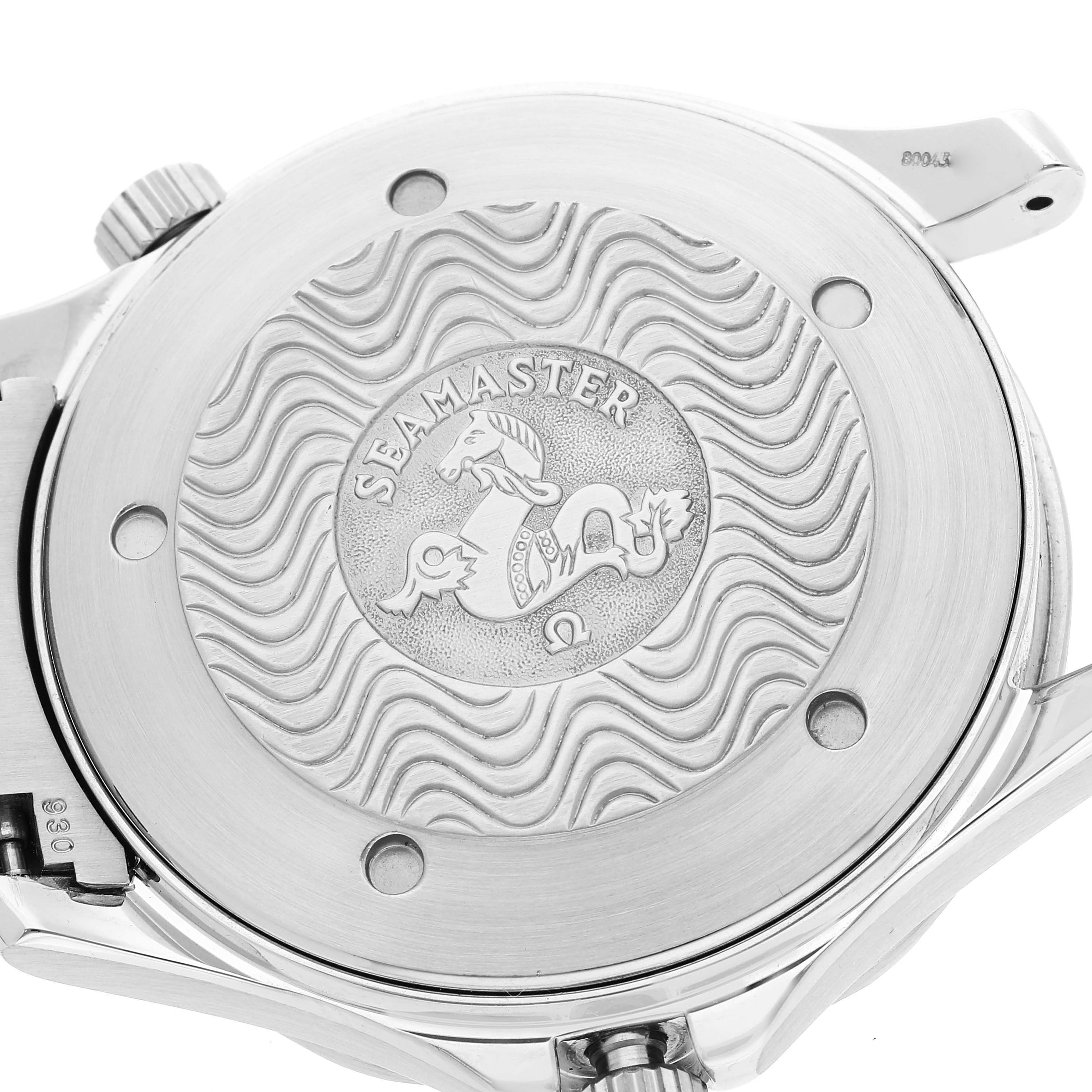 The image shows the caseback of the Omega Seamaster 2255.80.00 Men's Stainless Steel Blue Dial 2255.80.00 Men's Stainless Steel Blue Dial watch, featuring the Seamaster logo and wave pattern.