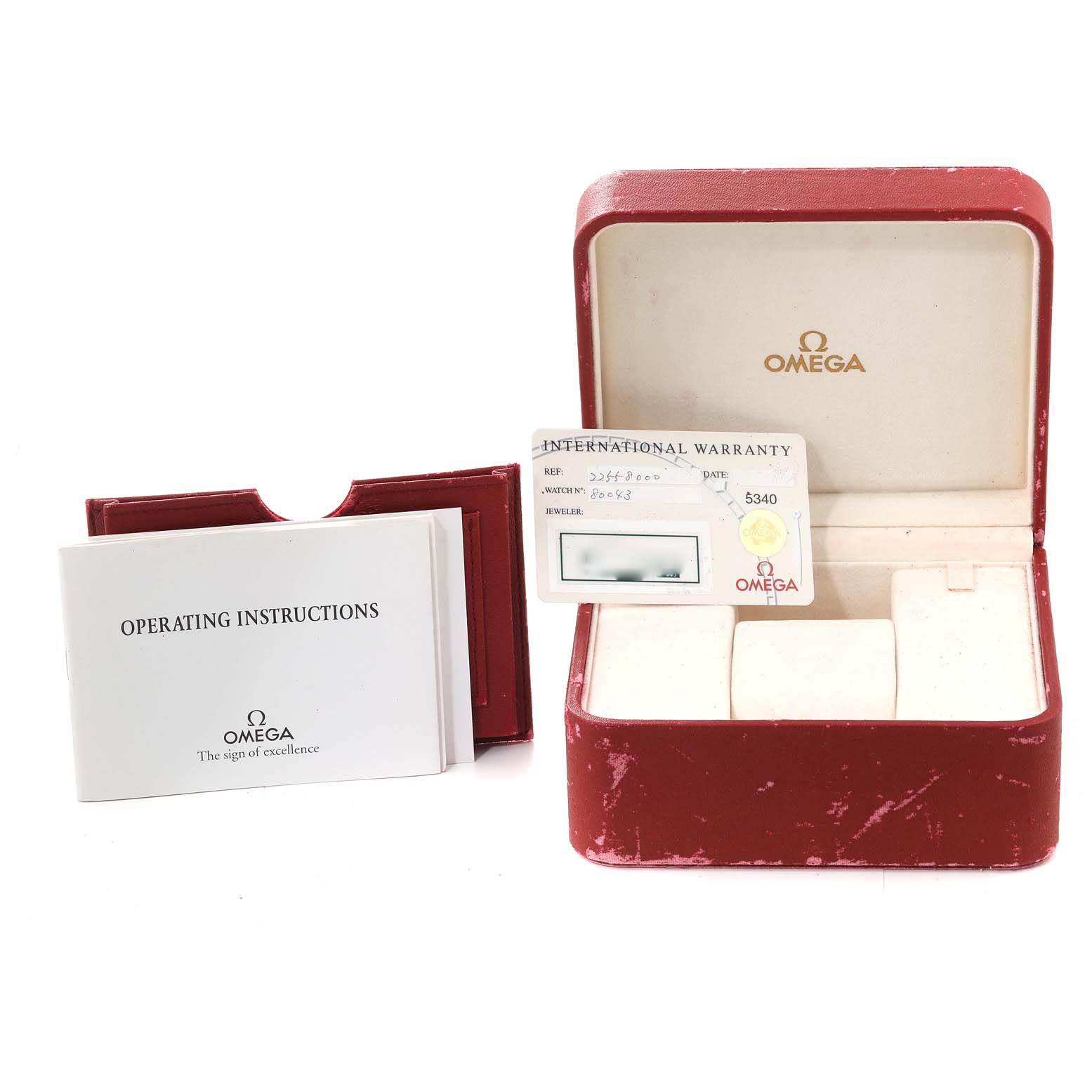 The image shows an Omega Seamaster 2255.80.00 Men's Stainless Steel Blue Dial 2255.80.00 Men's Stainless Steel Blue Dial watch box, operating instructions booklet, and an international warranty card.