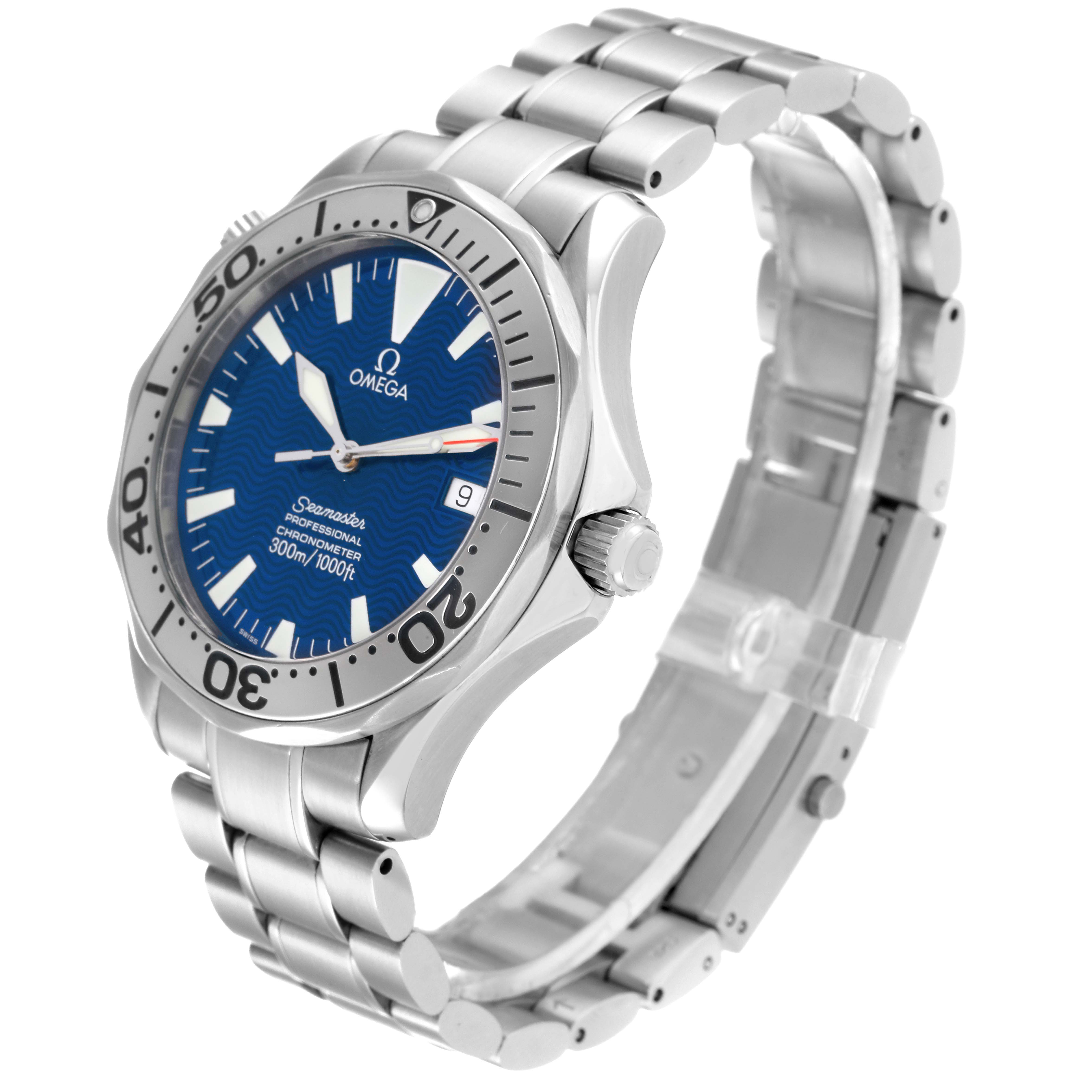 The image features an Omega Seamaster 2255.80.00 Men's Stainless Steel Blue Dial 2255.80.00 Men's Stainless Steel Blue Dial watch shown from an angled front view, highlighting the dial, bezel, and bracelet.