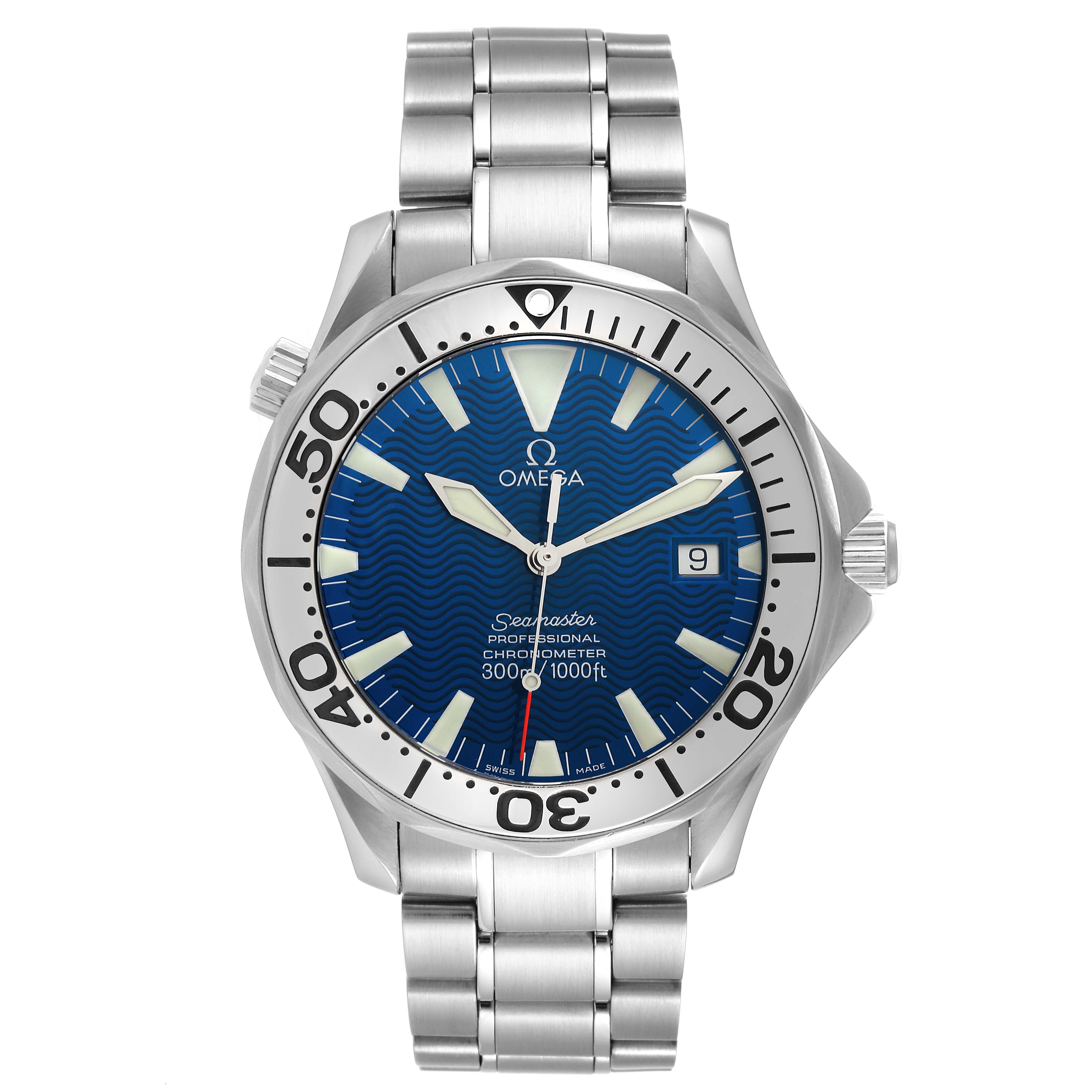 The image shows a front view of the Omega Seamaster 2255.80.00 Men's Stainless Steel Blue Dial 2255.80.00 Men's Stainless Steel Blue Dial watch, displaying its blue dial, stainless steel bezel, crown, and bracelet.