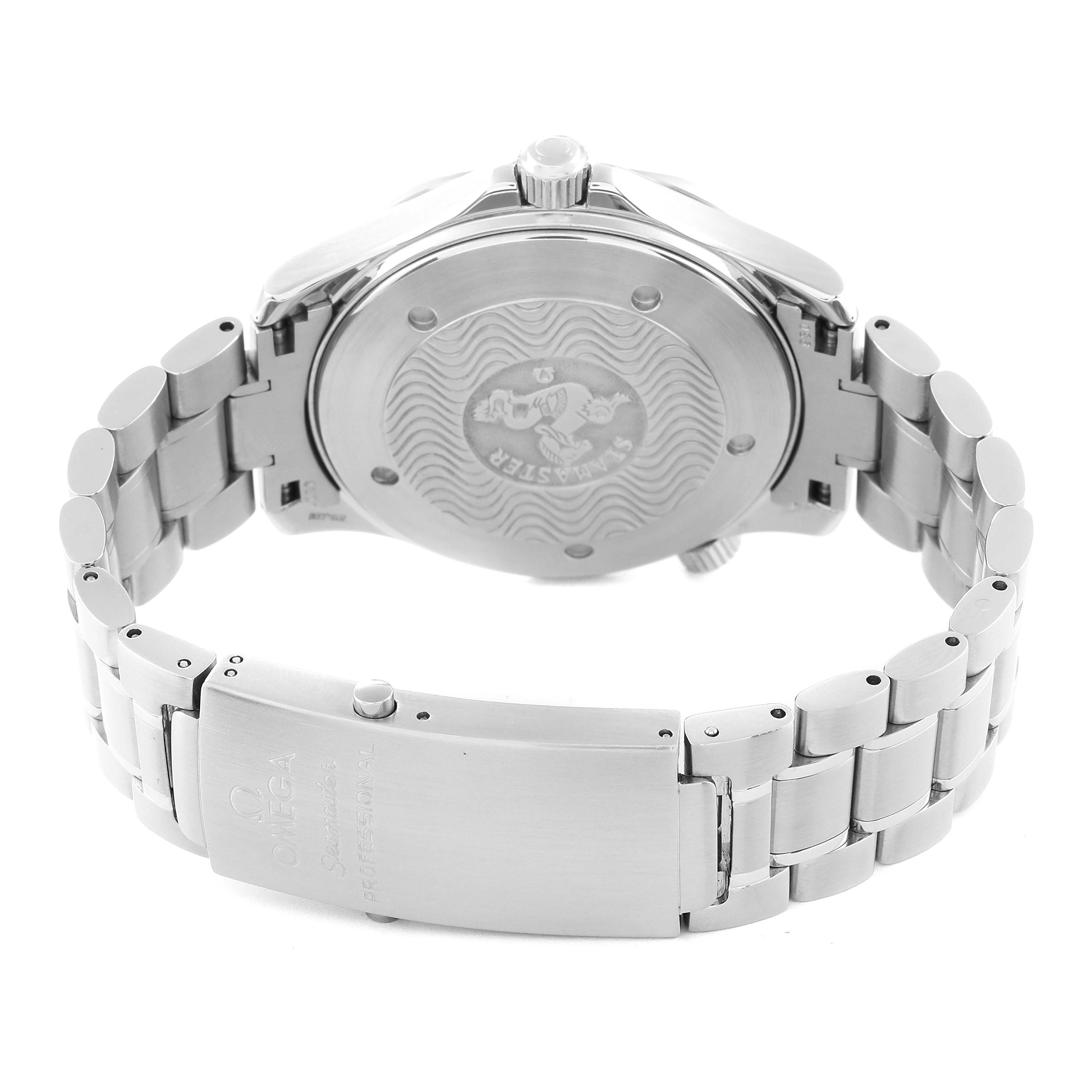 The image shows the back and clasp of an Omega Seamaster 2255.80.00 Men's Stainless Steel Blue Dial 2255.80.00 Men's Stainless Steel Blue Dial watch, highlighting the caseback and stainless steel bracelet.