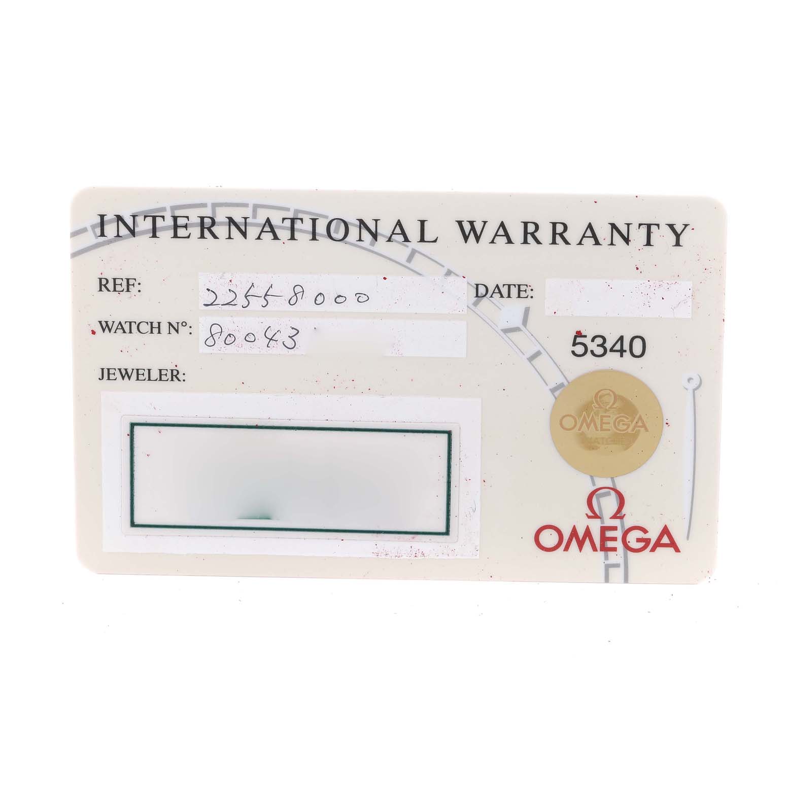 This image shows the International Warranty card for the Omega Seamaster 2255.80.00 Men's Stainless Steel Blue Dial 2255.80.00 Men's Stainless Steel Blue Dial watch model.