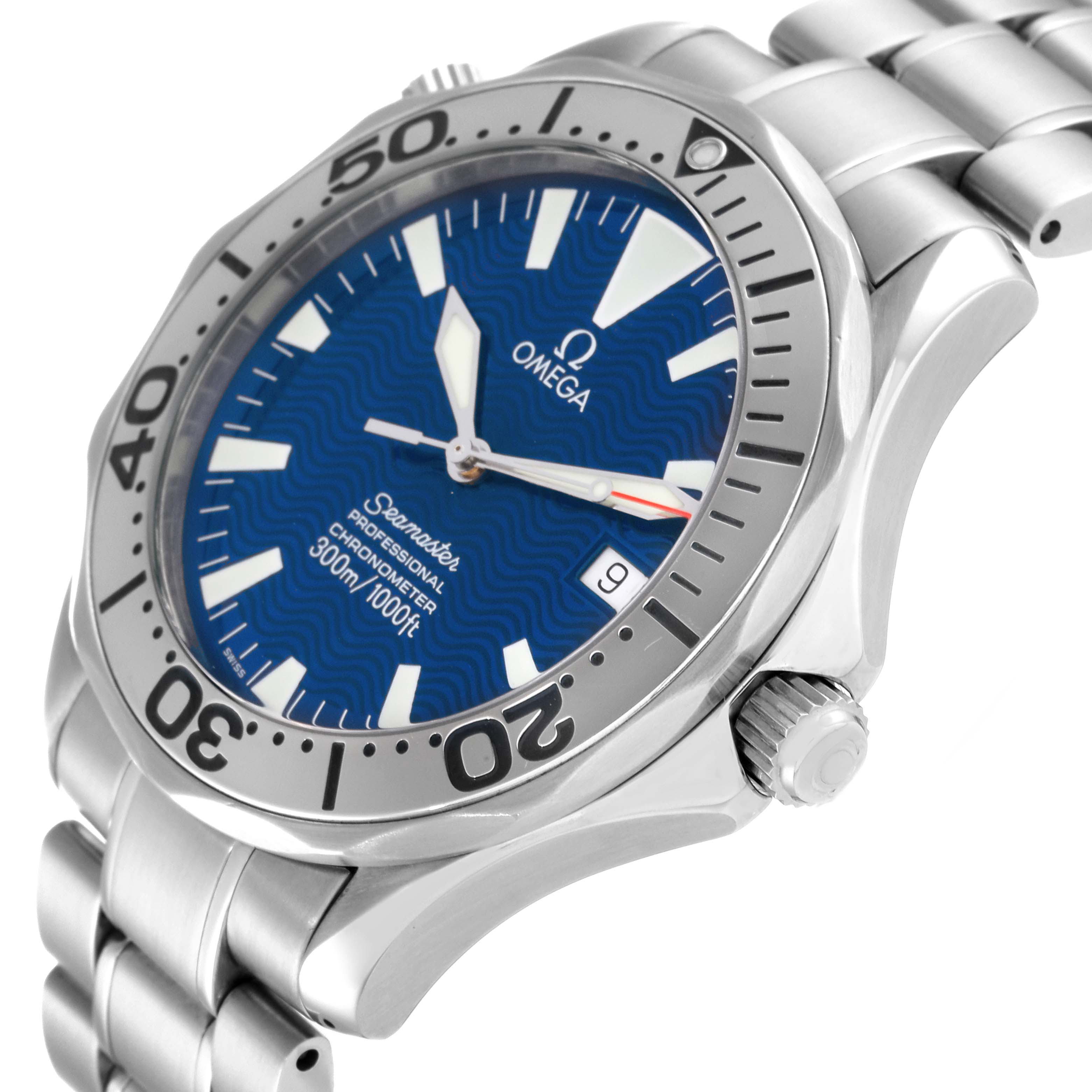 The Omega Seamaster 2255.80.00 Men's Stainless Steel Blue Dial 2255.80.00 Men's Stainless Steel Blue Dial watch is shown at an angled side view, highlighting the dial, bezel, crown, and bracelet.