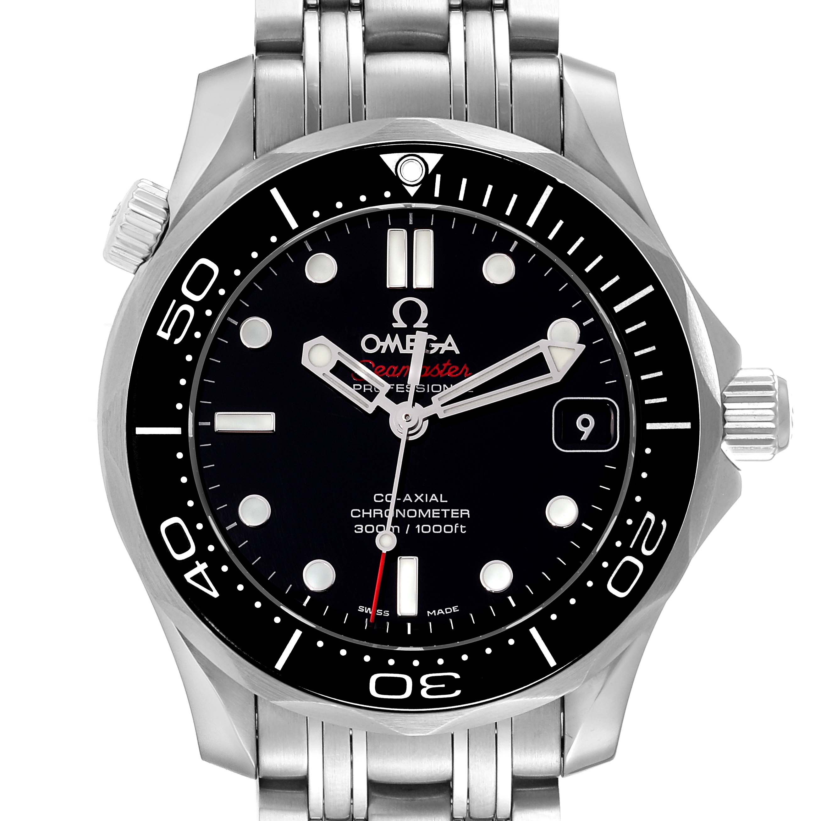 The Omega Seamaster 212.30.36.20.01.002 Men's Stainless Steel Black Dial 212.30.36.20.01.002 Men's Stainless Steel Black Dial watch is shown from a front view, highlighting its dial, bezel, and stainless steel bracelet.