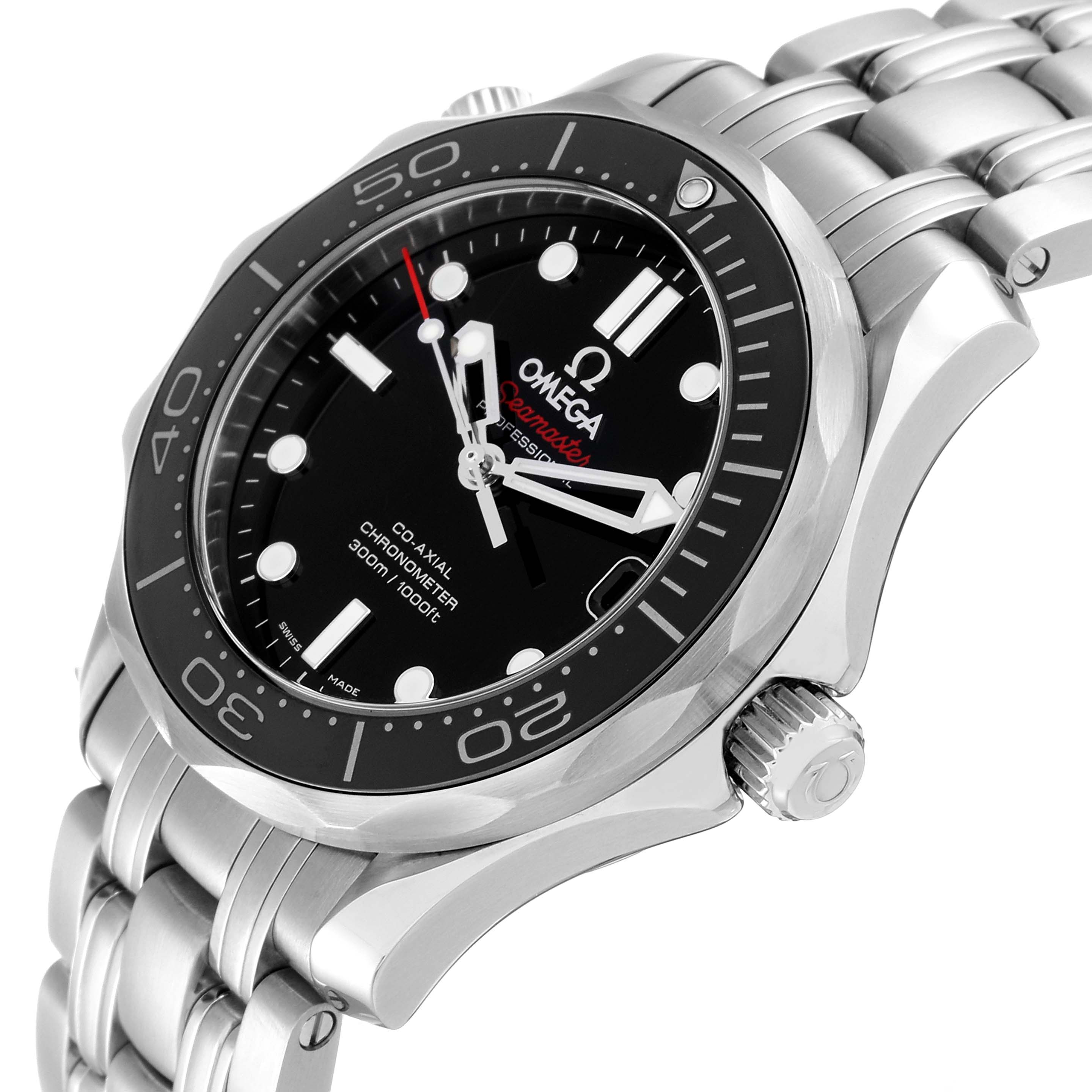 The image shows a close-up, front and side angle view of the Omega Seamaster 212.30.36.20.01.002 Men's Stainless Steel Black Dial 212.30.36.20.01.002 Men's Stainless Steel Black Dial watch, displaying the dial, bezel, crown, and bracelet.