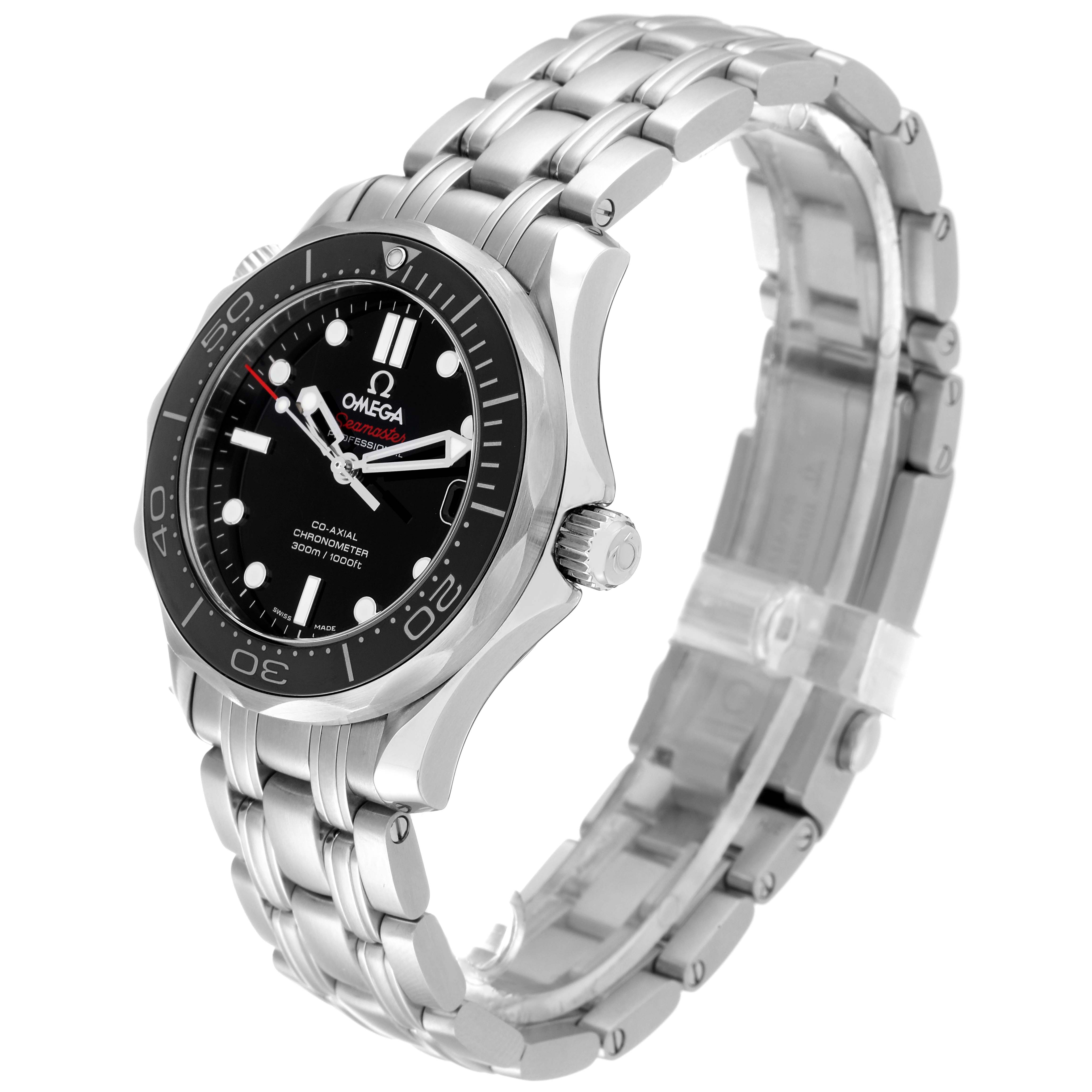 This Omega Seamaster 212.30.36.20.01.002 Men's Stainless Steel Black Dial 212.30.36.20.01.002 Men's Stainless Steel Black Dial watch is shown at a three-quarter angle, highlighting its face, bezel, crown, and metal bracelet.