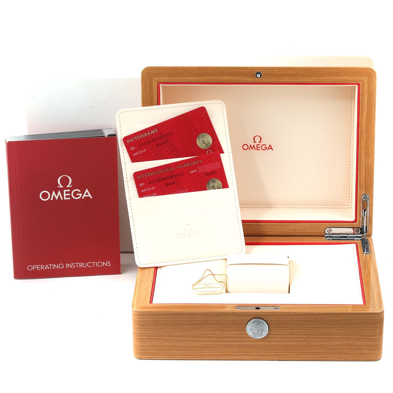 This image shows an Omega Seamaster 212.30.36.20.01.002 Men's Stainless Steel Black Dial 212.30.36.20.01.002 Men's Stainless Steel Black Dial watch box, warranty cards, and operating instructions set from a frontal angle.